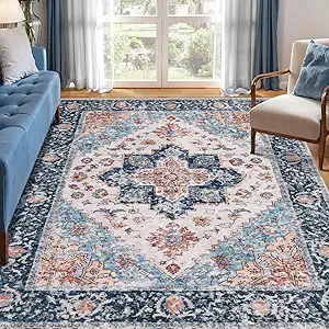 SERISSA 5x7 Boho Area Rug, Washable Large Rugs for Living Room, Ultra Soft Non-Slip Bedroom Rug Print Distressed Vintage Tribal Farmhouse Carpet Blue Orange Rug for Dining Room Dorm Office Home Decor