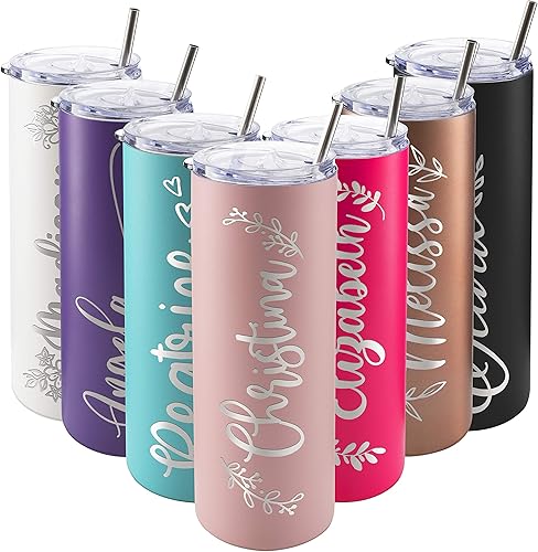 Vasos delgados personalizados con tapa, regalos para ella de 20 onzas, rosa claro, 12 diseños, vaso grabado personalizado con nombre, tazas