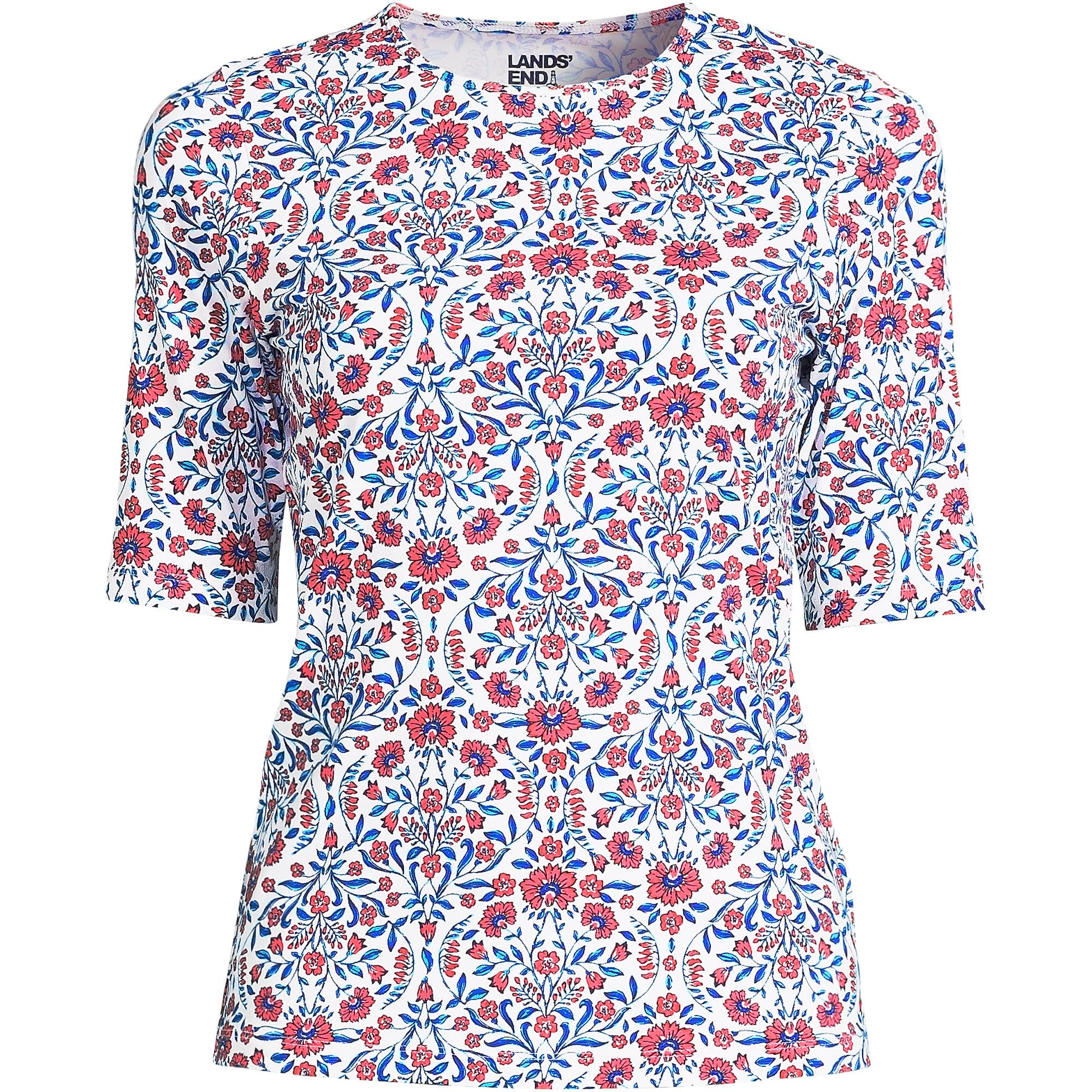 Lands' EndWomens Elbow Sleeve Crewneck Swim Tee Rash Guard White/Turquoise Adorn Floral Regular Medium
