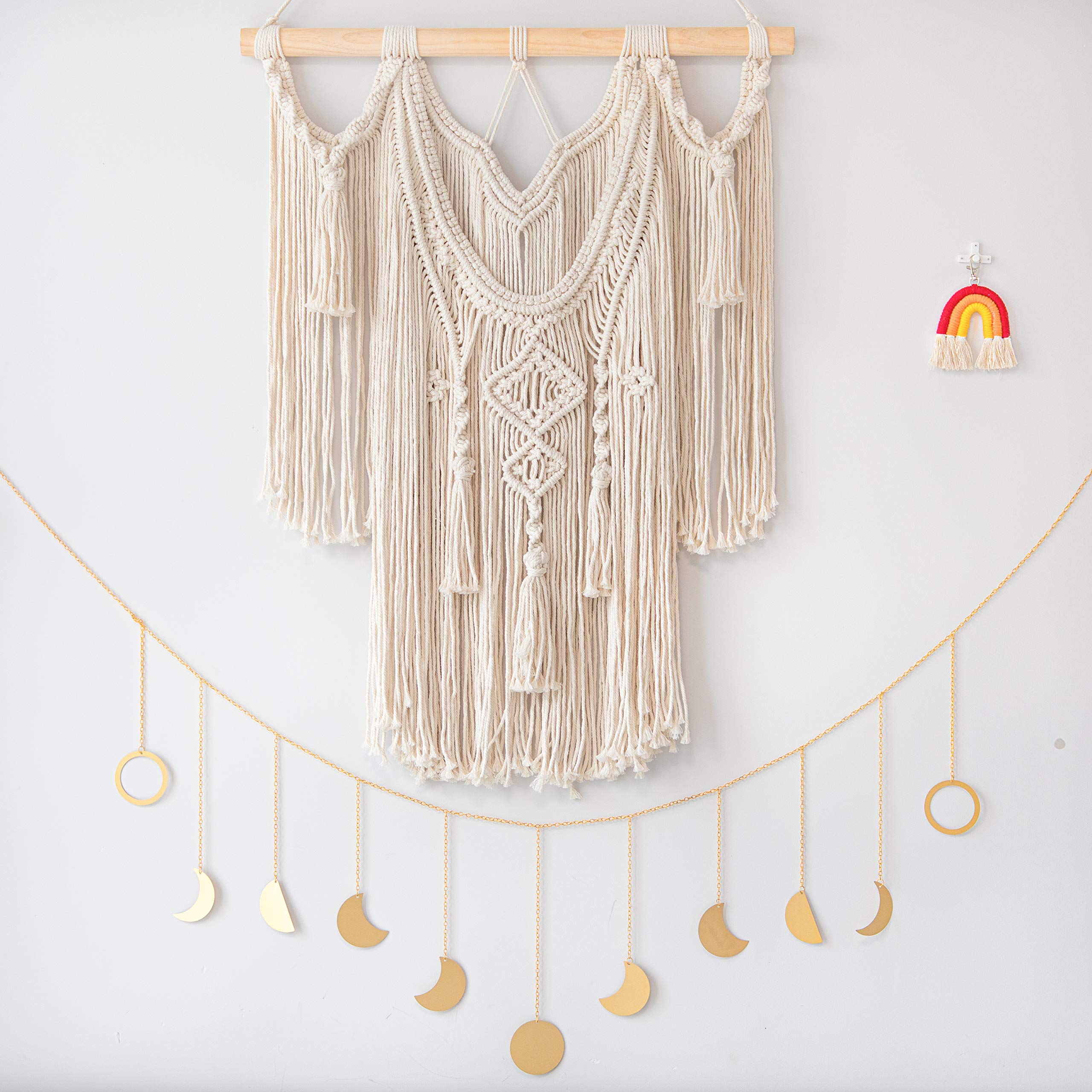 JADE LUXE Macrame Wall Hanging Pack of 3, With Moon Wall Decor & Macrame Keychain Rainbow, Macrame Hanging 23 x 31 Inches, Best for living Room Decor, Wall Decor, US Brand