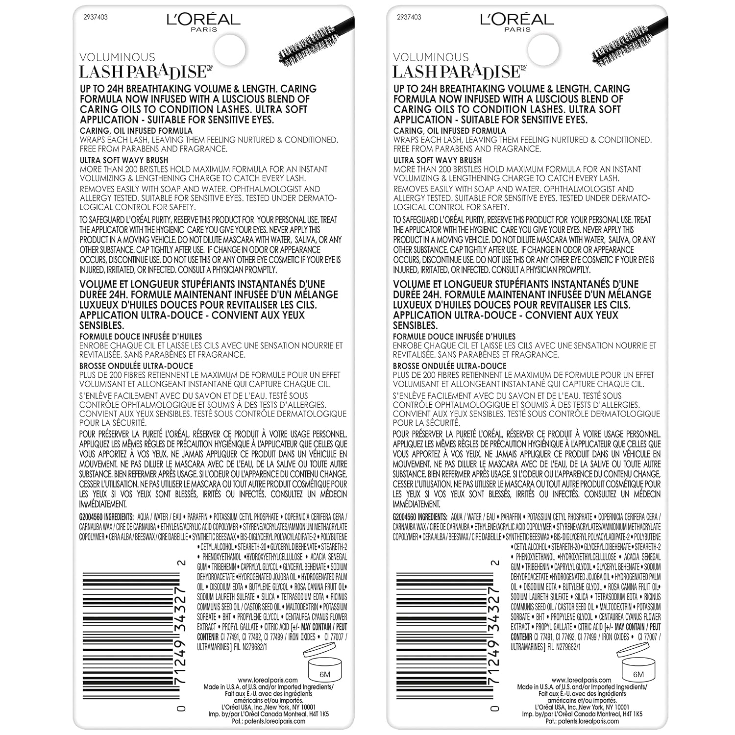 L'Oreal Paris Voluminous Makeup Lash Paradise Mascara, Voluptuous Volume, Intense Length, Feathery Soft Full Lashes, No Flaking, No Smudging, No Clumping, Black Brown, 2 Count, Packaging May Vary