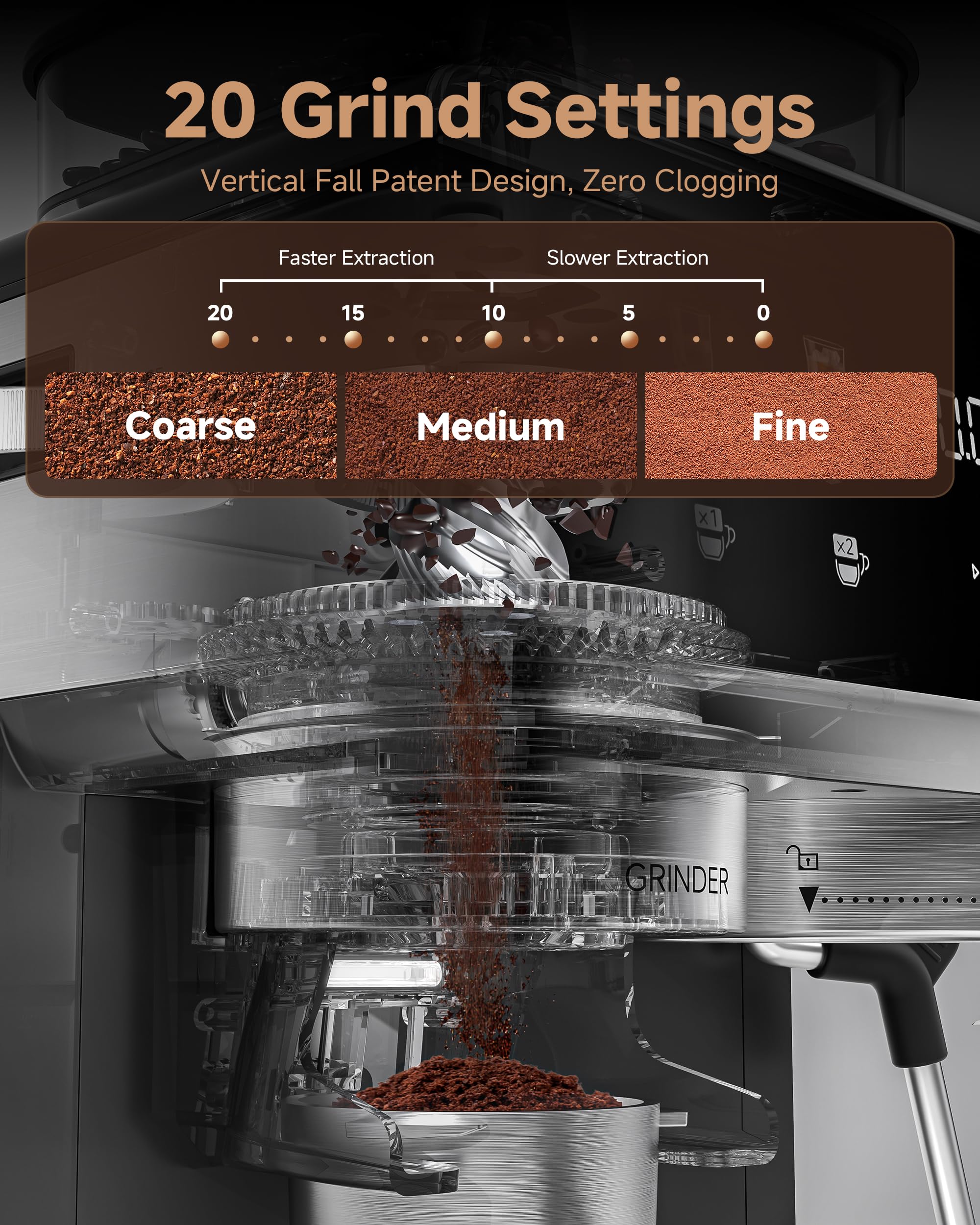 AMZCHEF Espresso Machine with 20 Bar Pressure, Integrated Grinder & 3-Temp Hot/Cold Brew | Versatile Coffee Machine with Milk Frother for Lattes/Cappuccinos, 61oz Water Tank, Black — view 4