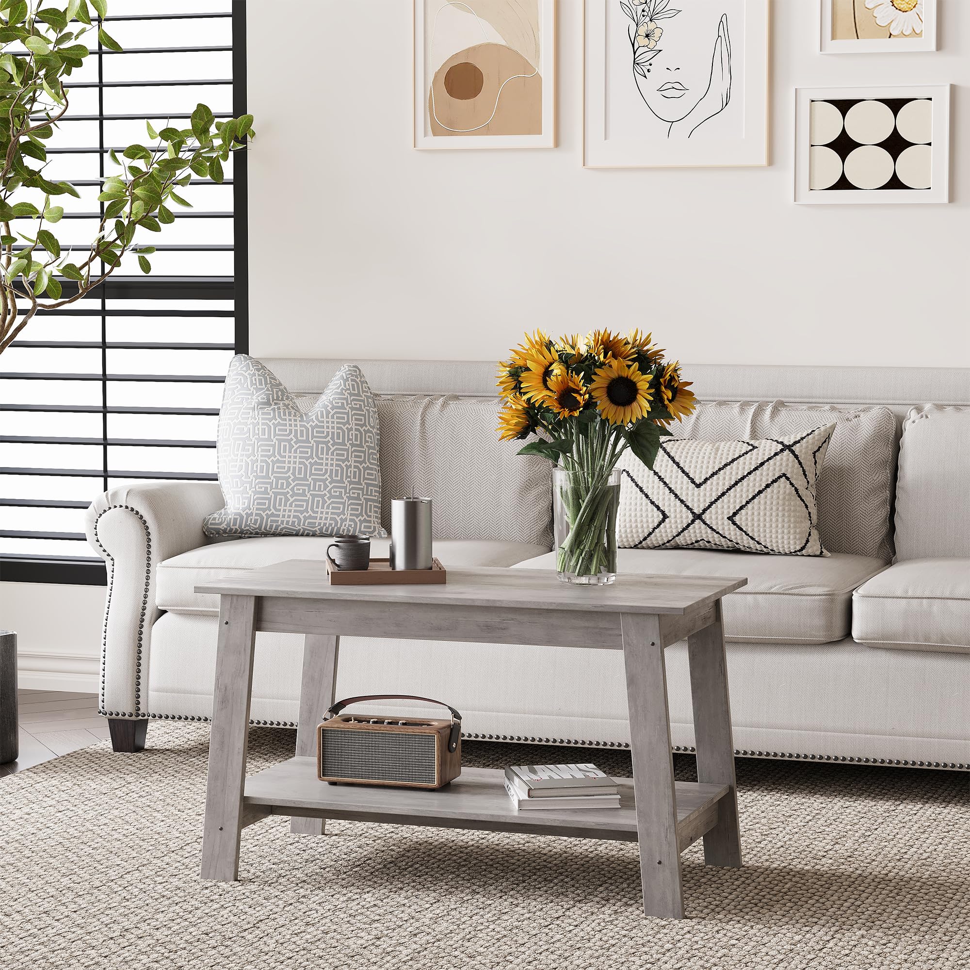 Mesa de Centro de Madera Gris con Estante Inferior, para salón y Dormitorio, Diseño rústico 80×39×48 cm