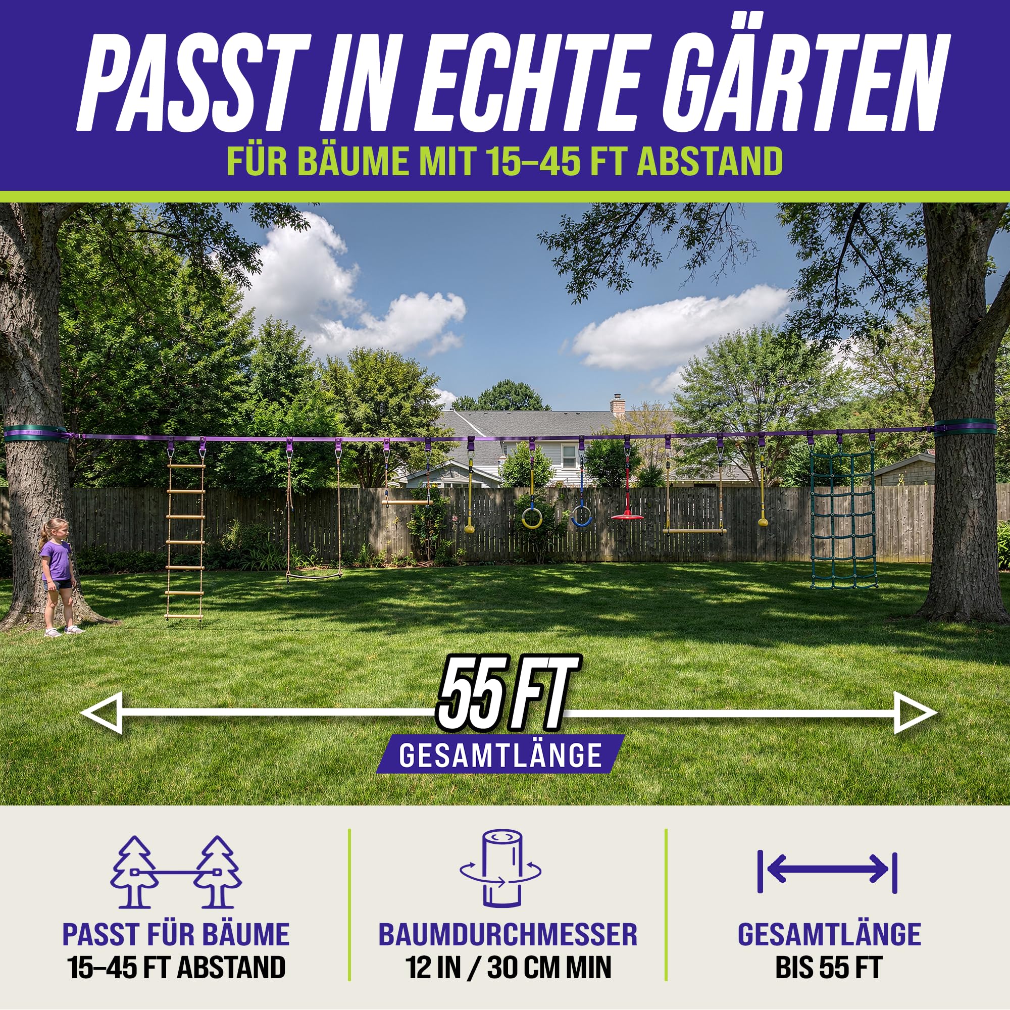 Trailblaze Ninja Warrior Hindernisparcours für Kinder – Fitnessgerät für den Garten mit 2 x 16,8 m Slacklines und 10 wetterfesten Hindernissen – Ninja Parcours für draußen