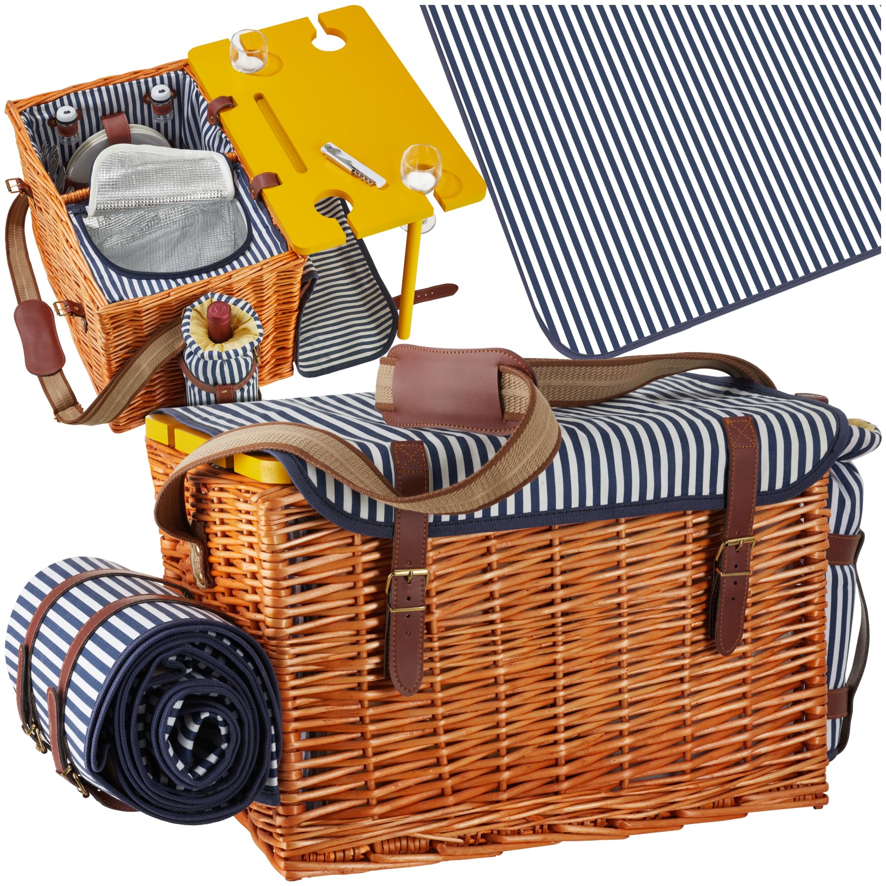 tectake® Wicker Picnic Basket for 4 People with Fold-Out Table, Picnic Set, Incl. 24-Piece Dinnerware Set, Cooler Compartment & Picnic Blanket, Woven Willow Hamper Basket with Adjustable Carry Strap