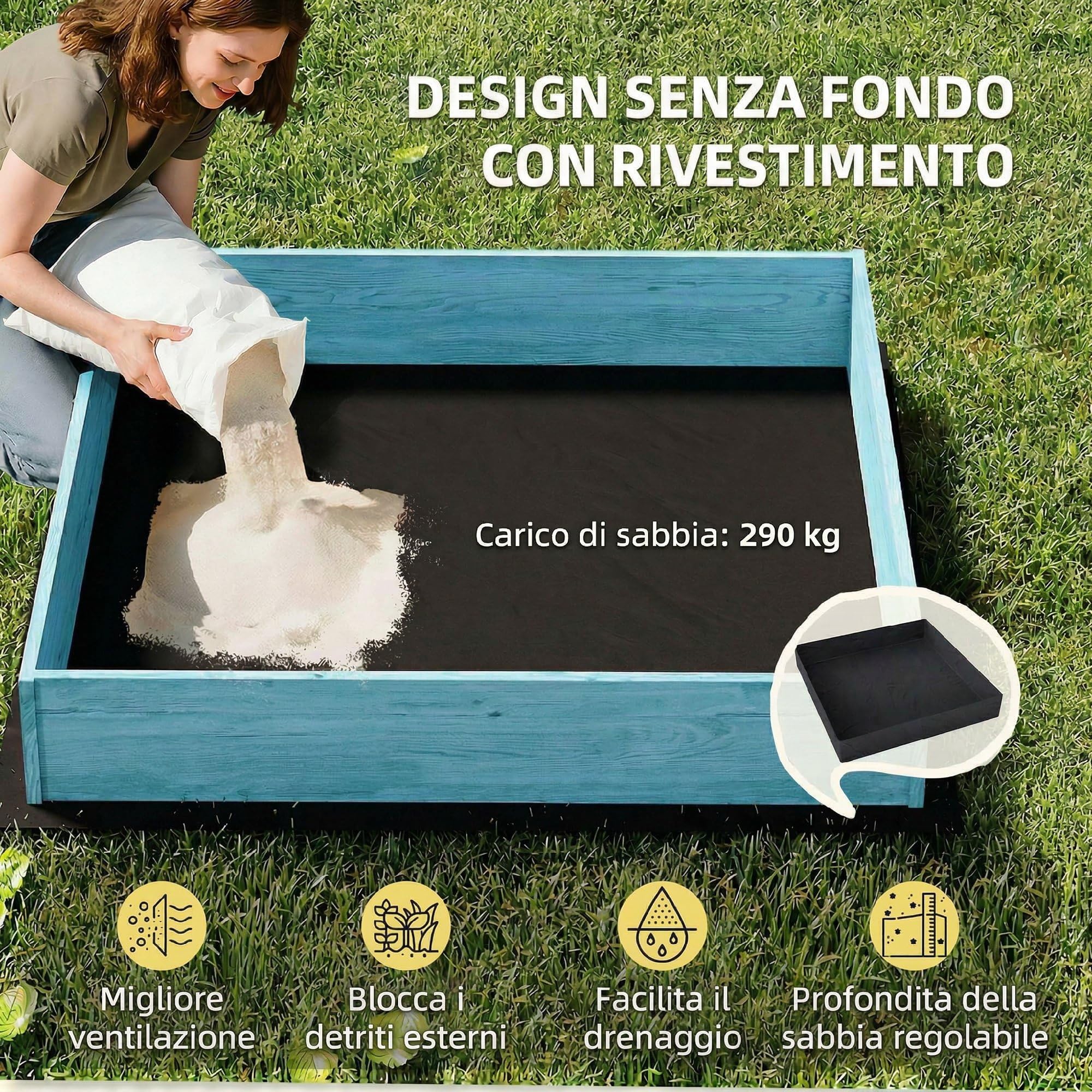 AIYAPLAY Sabbiera per Bambini 3-6 Anni con Tettuccio Dinosauri, Sedute Pieghevoli, Coperchio e Fodera Inclusa, Sabbionaia per Bambini in Legno di Abete, 134.5x127.5x130 cm, Blu