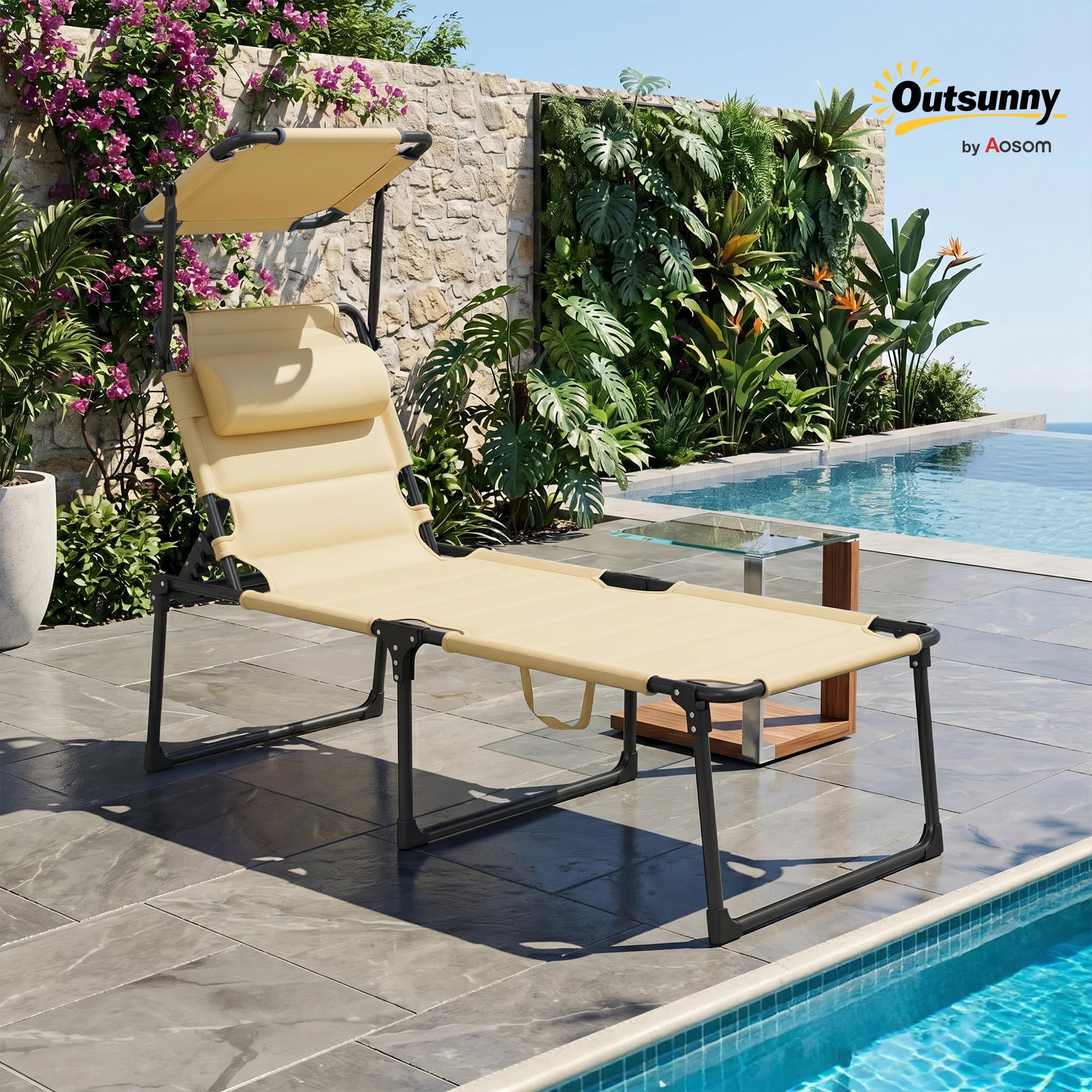 Outsunny Tumbona Plegable, Tumbona Jardín Exterior con Toldo Ajustable, Respaldo Regulable en 4 Niveles, Reposacabezas, Cojín Grueso, para Terraza, Piscina, 70x200x45 cm, Crema