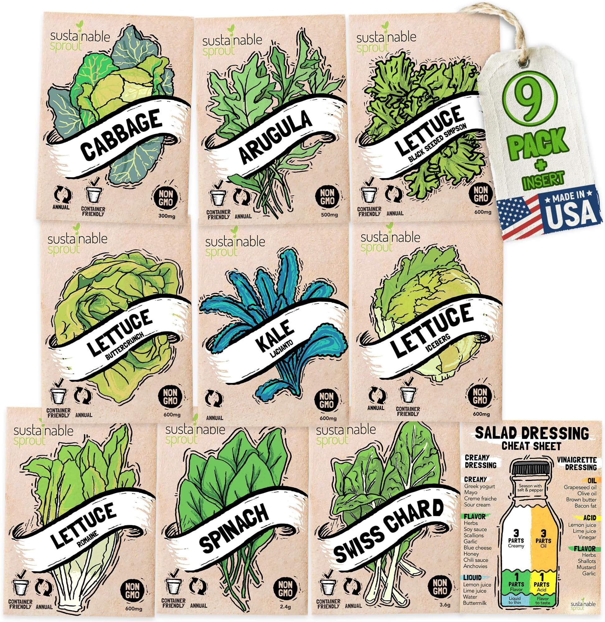 Lettuce Seeds for Planting: 9 Salad Greens Seed Packets, Hydroponics Heirloom Lettuce Bibb Romaine Kale Spinach Cabbage Swiss Chard Arugula Vegetables Variety Pack 100% Non-GMO by Sustainable Sprout
