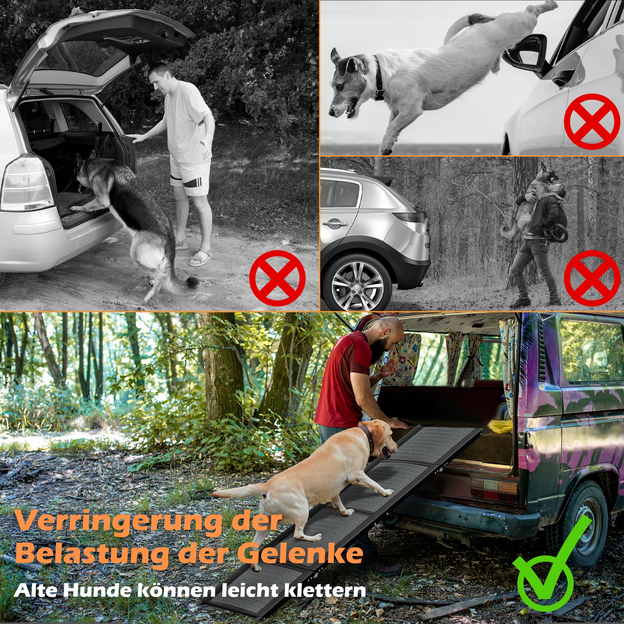 HENGMEI Hunderampe Klappbar Hundetreppe Auto Faltbare Kunststoff Hundeautorampe Hunde Auffahrrampe Kofferraum Einstiegshilfe, Haustiertreppe für Große und Schwere Hunde, 157x44cm, Schwarz