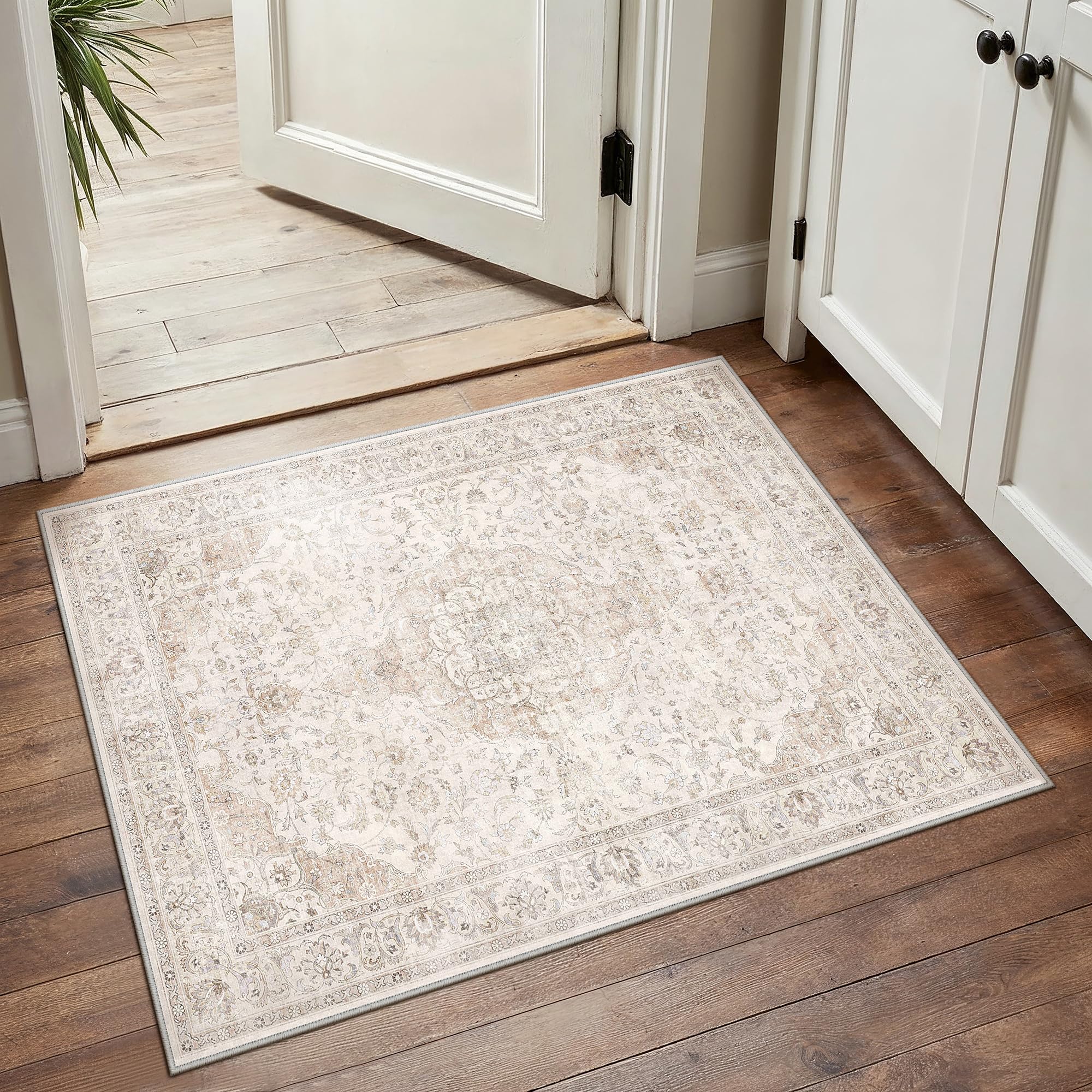 hugear area rug 8x10 vintage beige machine washable living room rugs thin neutral floral vacuumable low pile carpet bedroom office dining room laundry room non slip soft lightweight