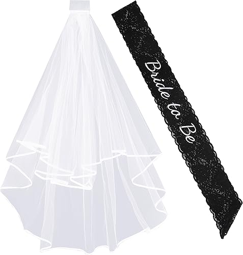 DECORA Elegante banda negra de novia para soltera y velo de encaje bordado con peine para despedida de soltera y fiesta de despedida de soltera