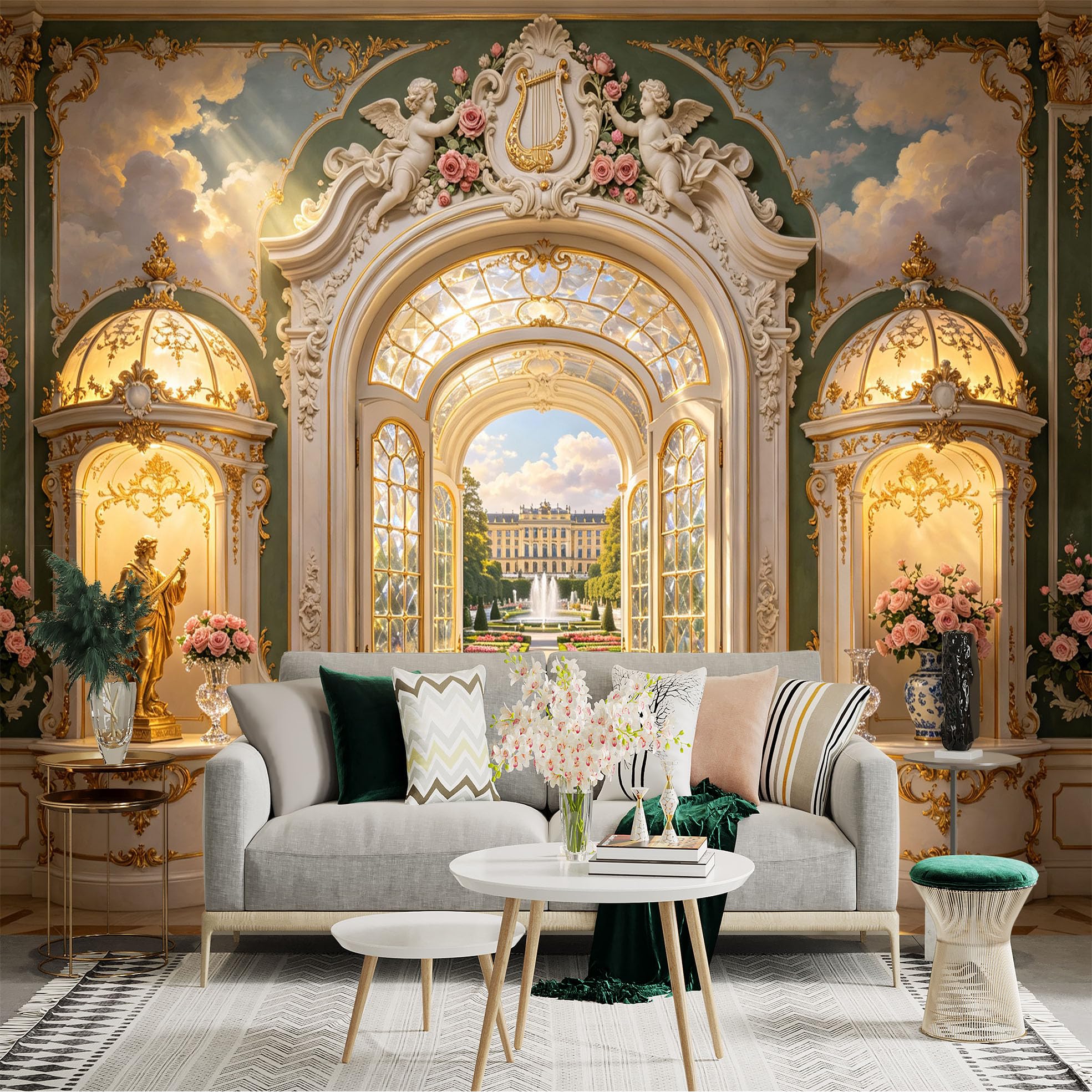Custom Size Wall Sticker Mural， Luxury Palace Archway with Garden View and Floral Decor， for wall Decoration， peelandstick wall Decals.