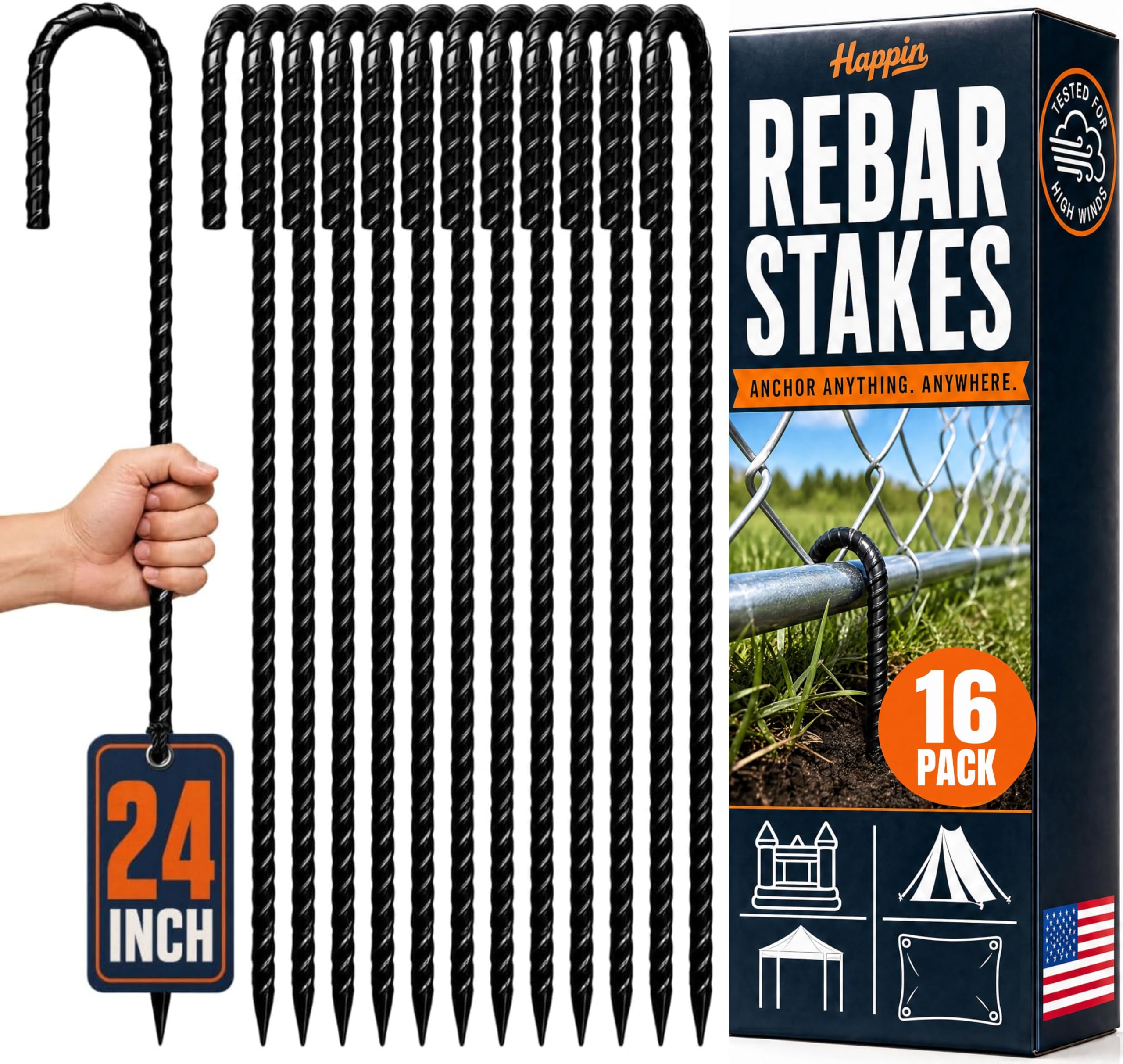 Happin® 24 Inch Rebar Stakes, J Hooks, Tent Stakes Heavy Duty Galvanized Garden Stakes – Trampoline Stakes, Chain Link Fence parts, Canopy, Lawn Decorations, Inflatables, Swing Set (J Shape – 16 Pack)