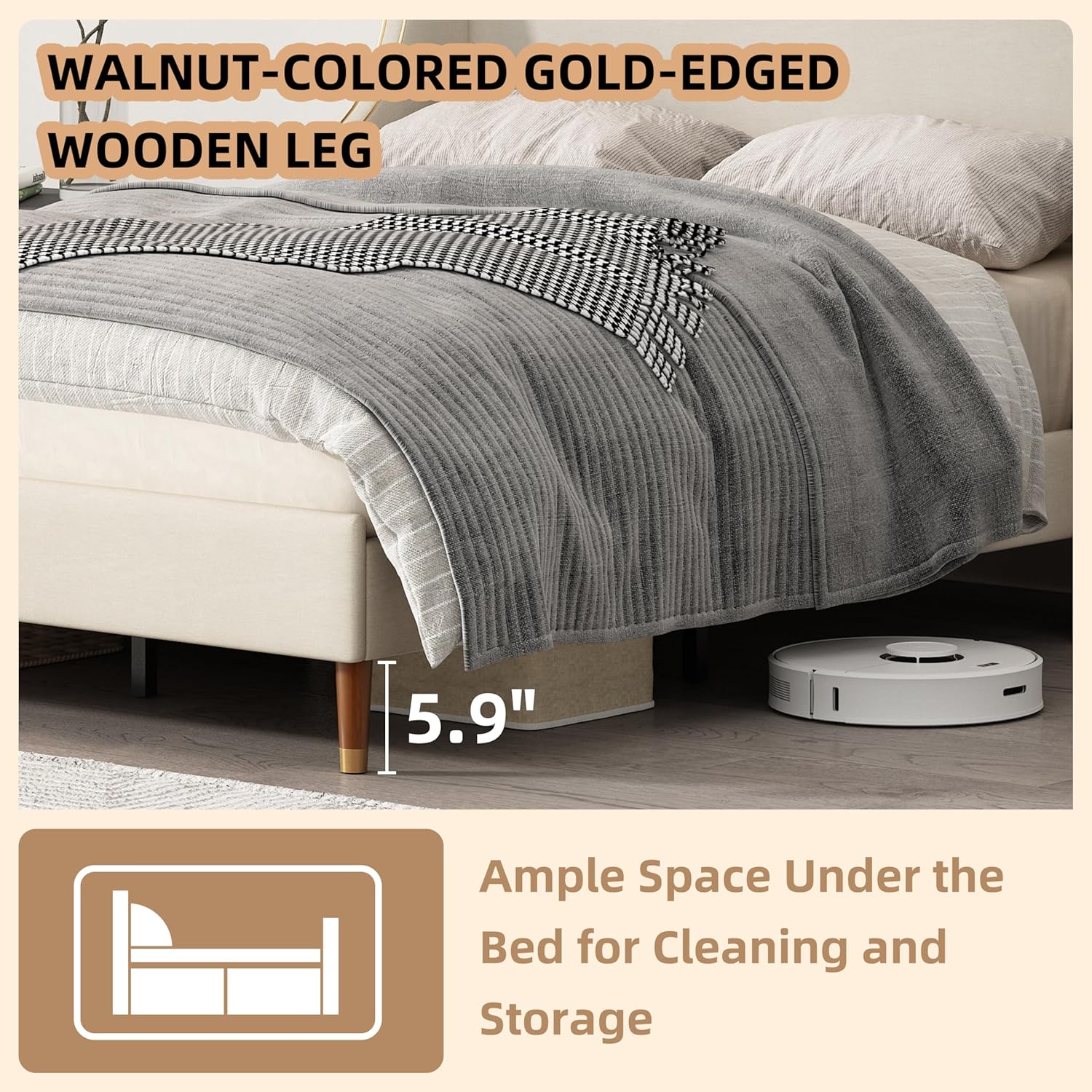 Full Size Upholstered Platform Bed Frame with Wingback Headboard, Linen Fabric & Wooden Slats Support, Modern Golden PVC Material Edge for Bedroom,No Box Spring Needed, Easy to Assemble, Beige