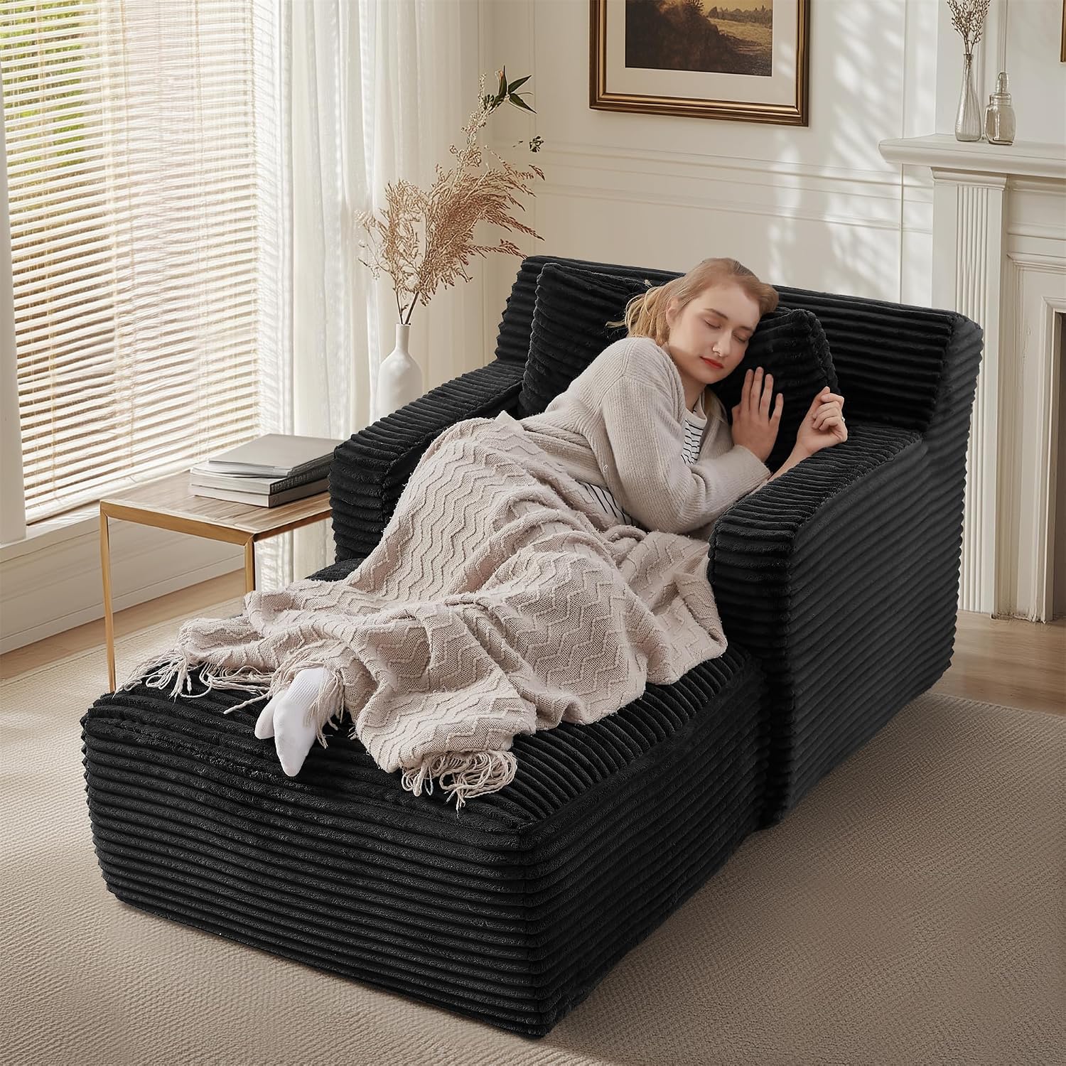 Black Chaise Lounge Chair Indoor, 40" Plush Corduroy Boneless Sleeper Sofa Cloud Couch with Throw Pillows and Armrests, Modern Comfy Single Seat Floor Sofa Reading Chairs for Living Room, Bedroom