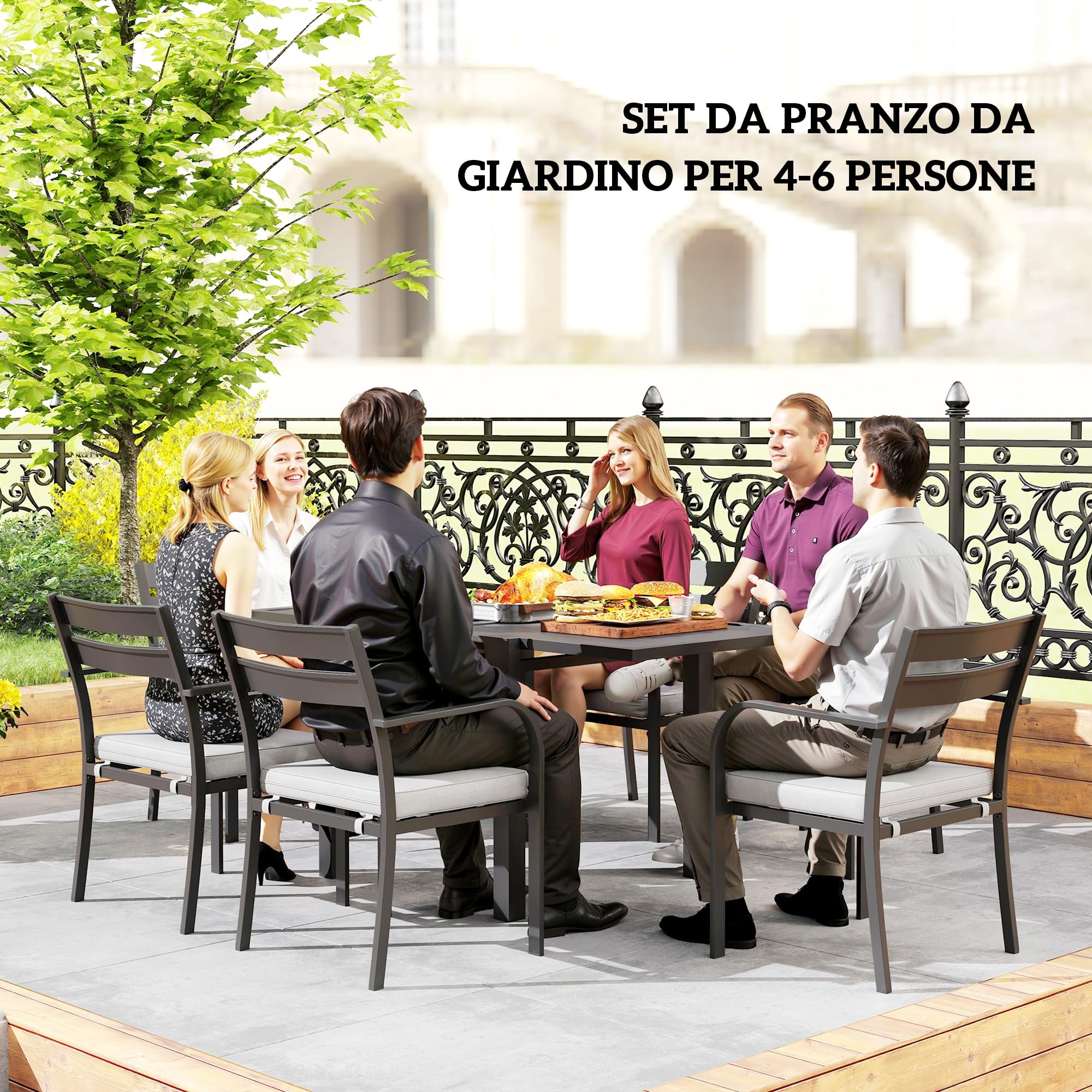 Outsunny Set Tavolo da Giardino con Sedie da 7 Pezzi, Set da Pranzo con Tavolo Allungabile, 6 Sedie da Esterno Impilabili con Braccioli e Cuscini, Set di Mobili a Doghe in Acciaio Alluminio, Grigio