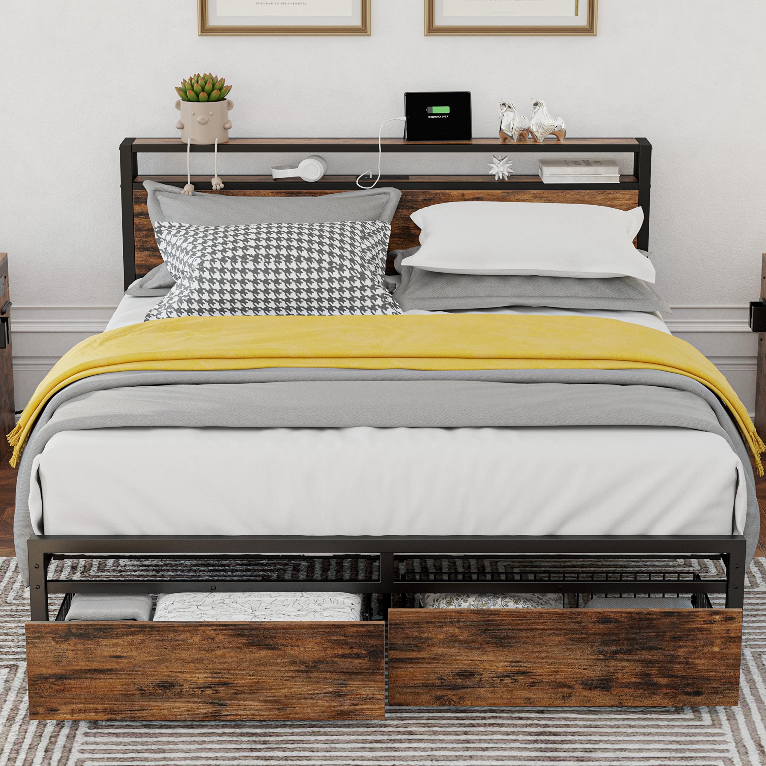 LIKIMIO Queen Bed Frame with Tall Bookcase Headboard and