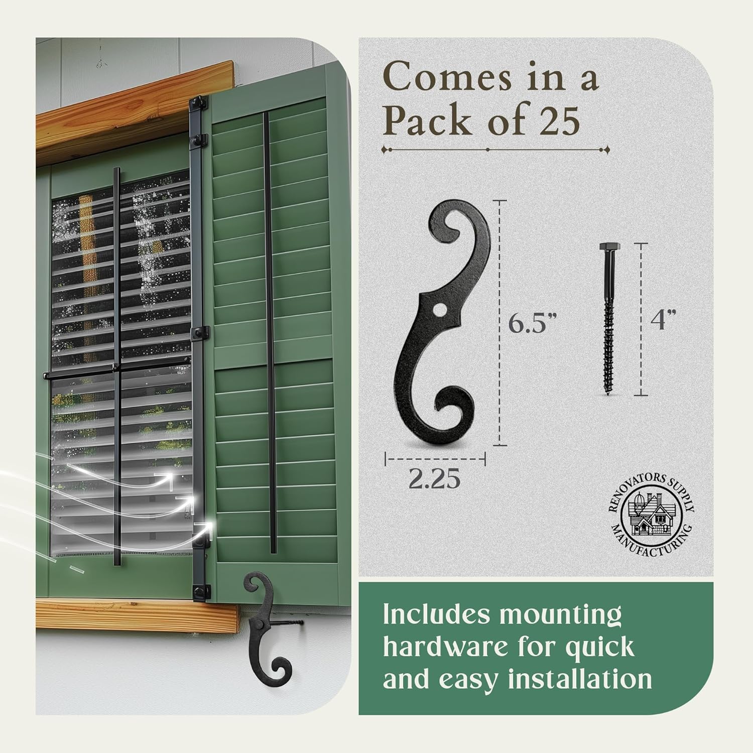 Renovators Supply Decorative S Style Shutter Dogs - Rust Resistant Powder Coated External Shutter Tieback Hardware with Mounting Screws - 6.5 Inches, Cast Aluminum (Pack of 25 Pairs)