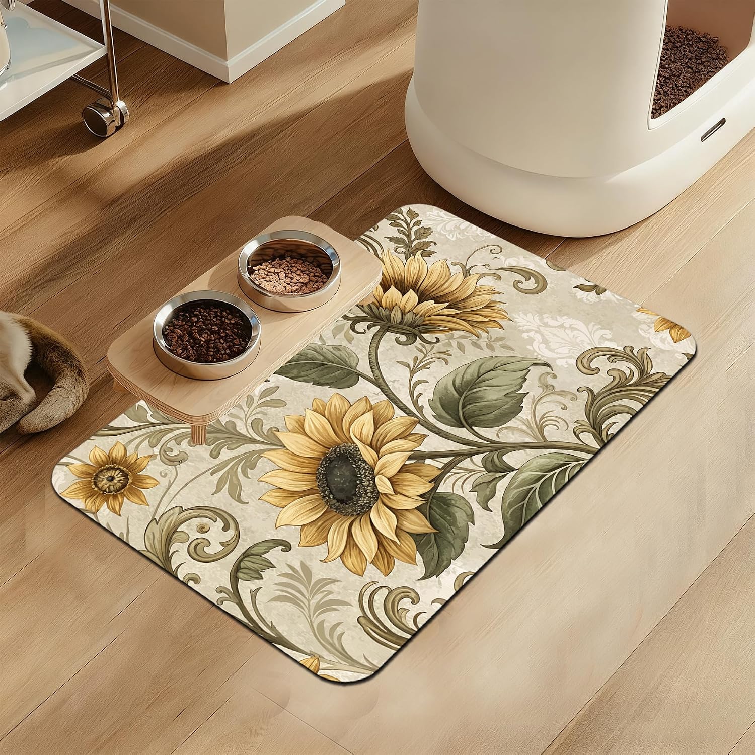 Vintage Sunflower Pet Feeding Mat for Floors–Absorbent Quick Dry Dog Cat Bowl Mat for Food and Water, Non Slip Waterproof Base, Mess-Free Feeding Accessories 12"x20"