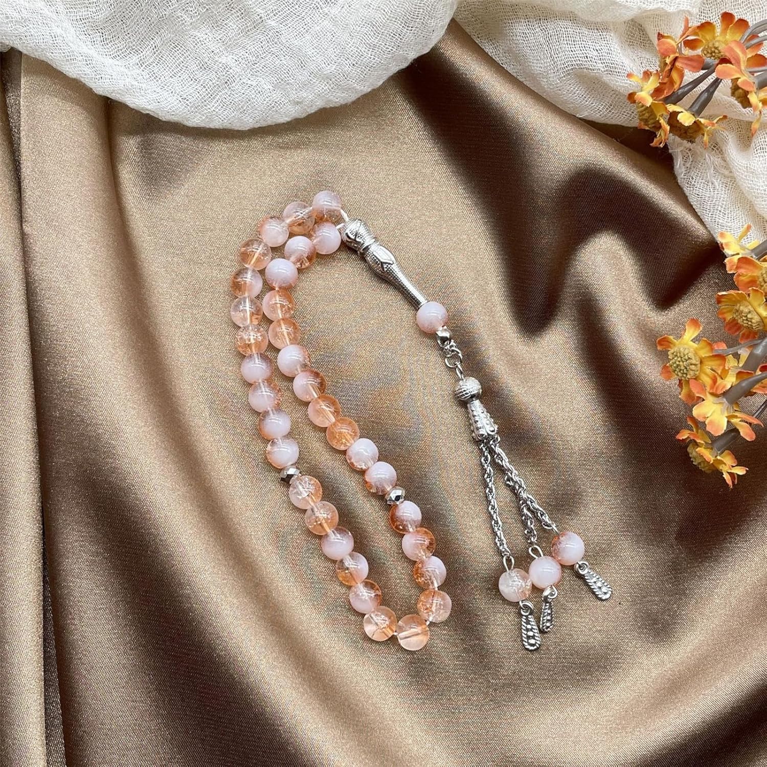 Muslims Prayer Beads 33 Tasbih Ice Cracked Glass Rosary with Fringed Pendant Ethnic Islamics Bracelet for Daily Worship - Image 8