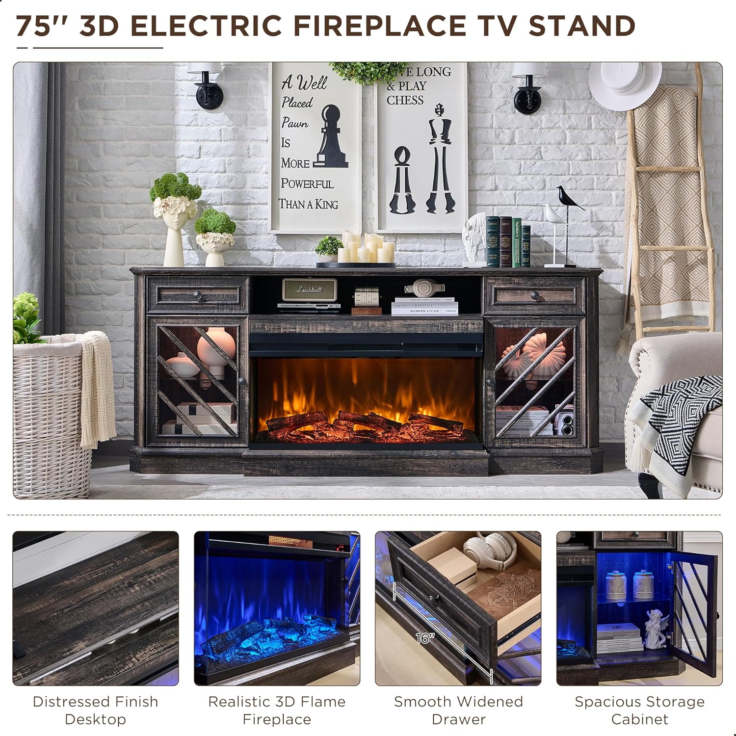 Close-up view of the OKD 75 Inch Electric Fireplace TV Stand highlighting features like distressed finish, 3D flame, widened drawer, and spacious storage.