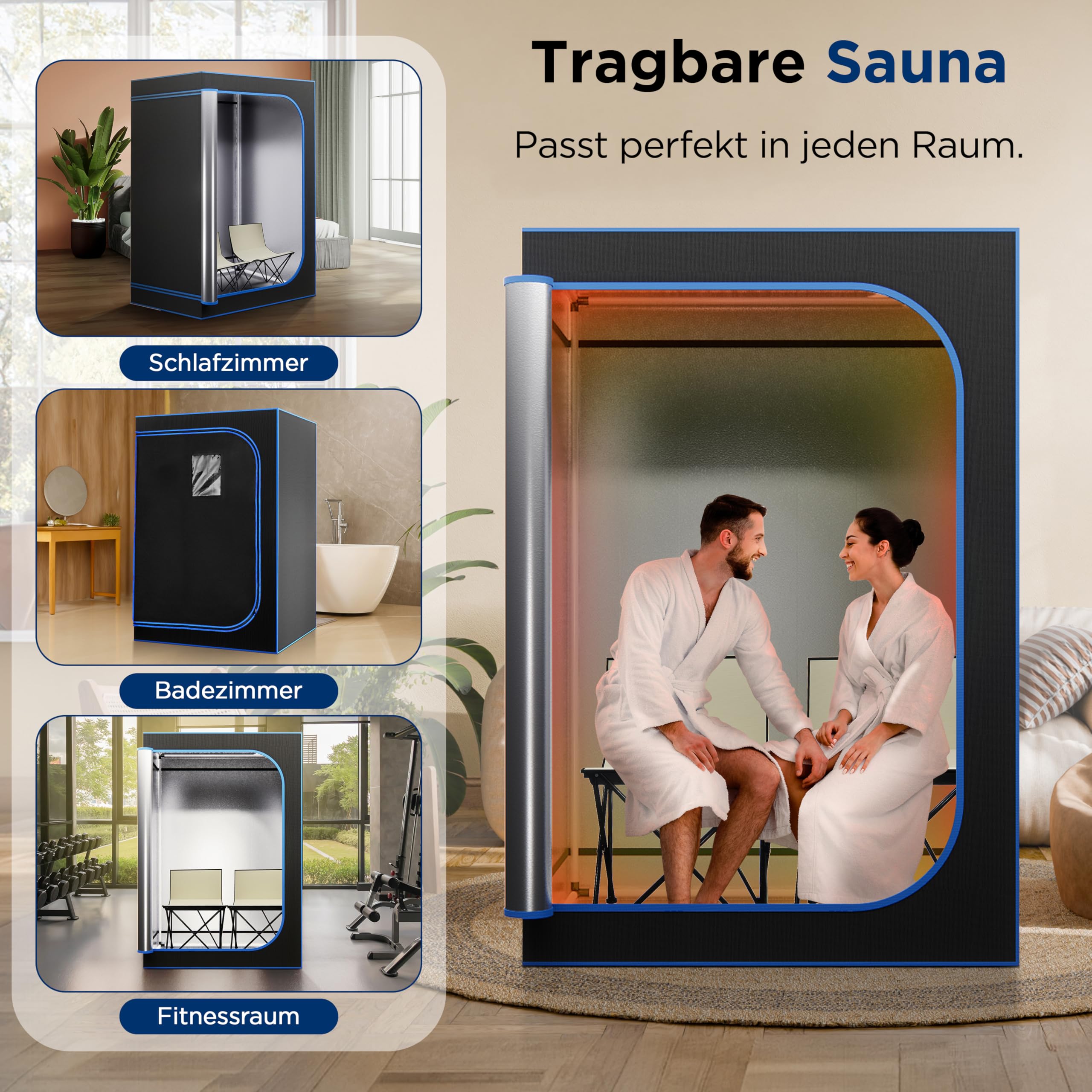 SereneLife Dampfsauna Schwarz 120x80x180cm für 2 Personen, Tragbare Heimsauna mit klappbarem Stuhl und Dampfgenerator Kompakte Wärmekabine bis 50 °C Fernbedienung und Timerfunktion