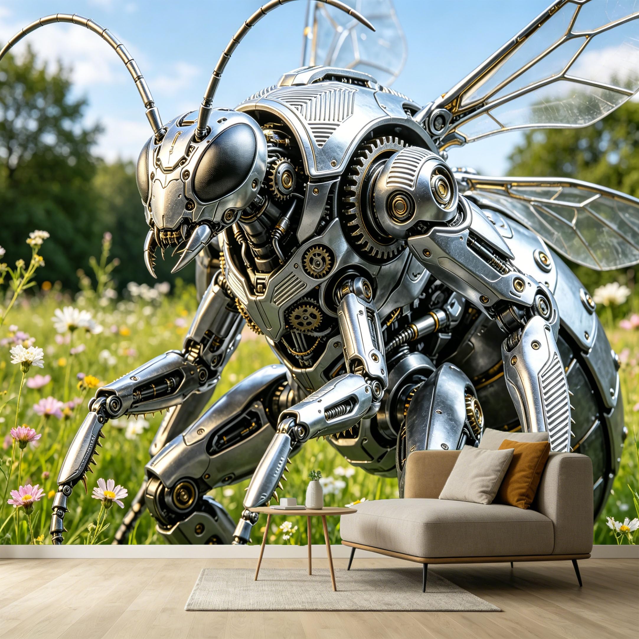 Custom Size Wall Murals Mechanical Metal Bee Industrial Modern 3D Trompe L'Oeil SelfAdhesive Wall Fabric Removable Large Wallpaper for Photo Living Room