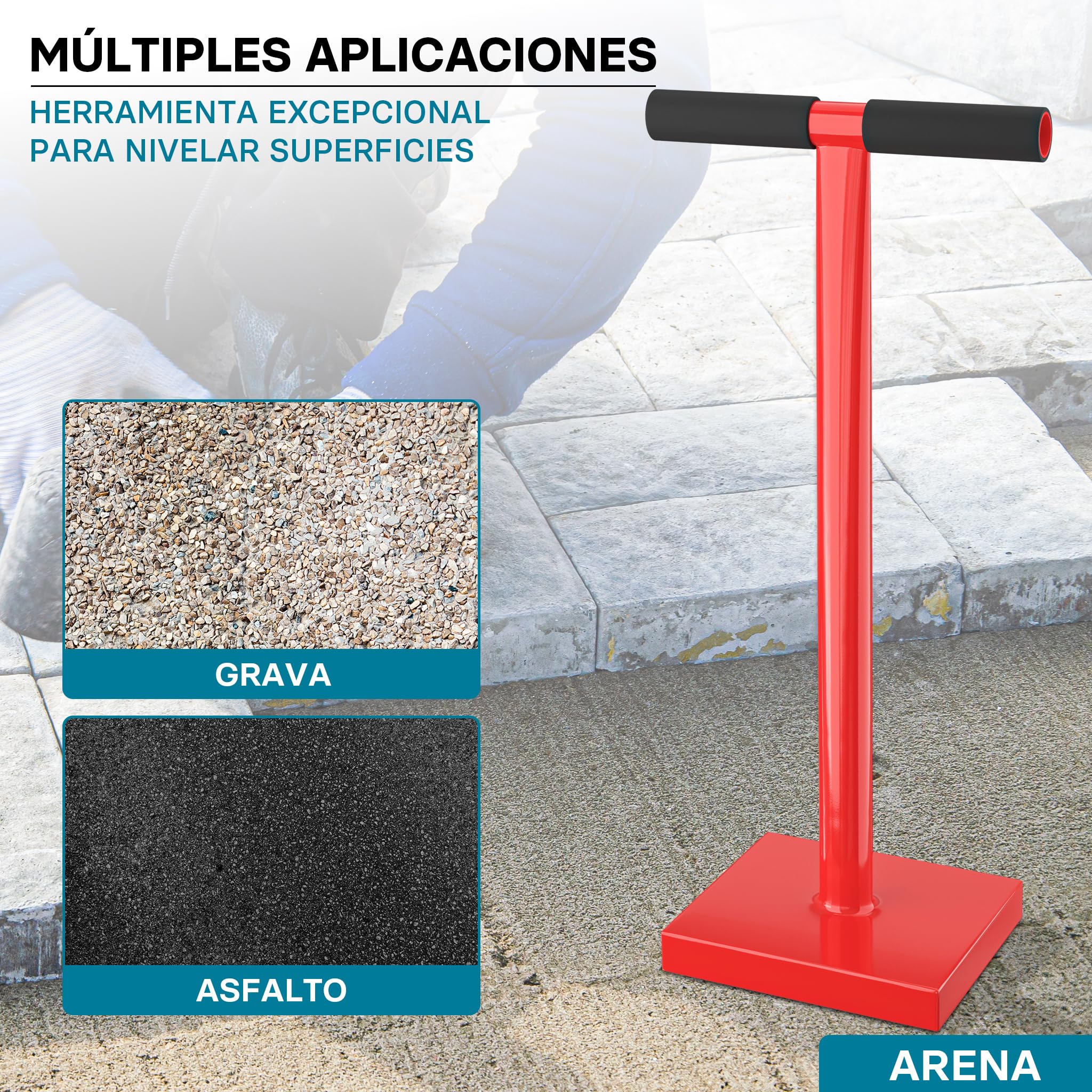 Wiltec Pisón de tierra 11,5 kg de acero, base 20 x 20 cm, mango en T, compactador manual