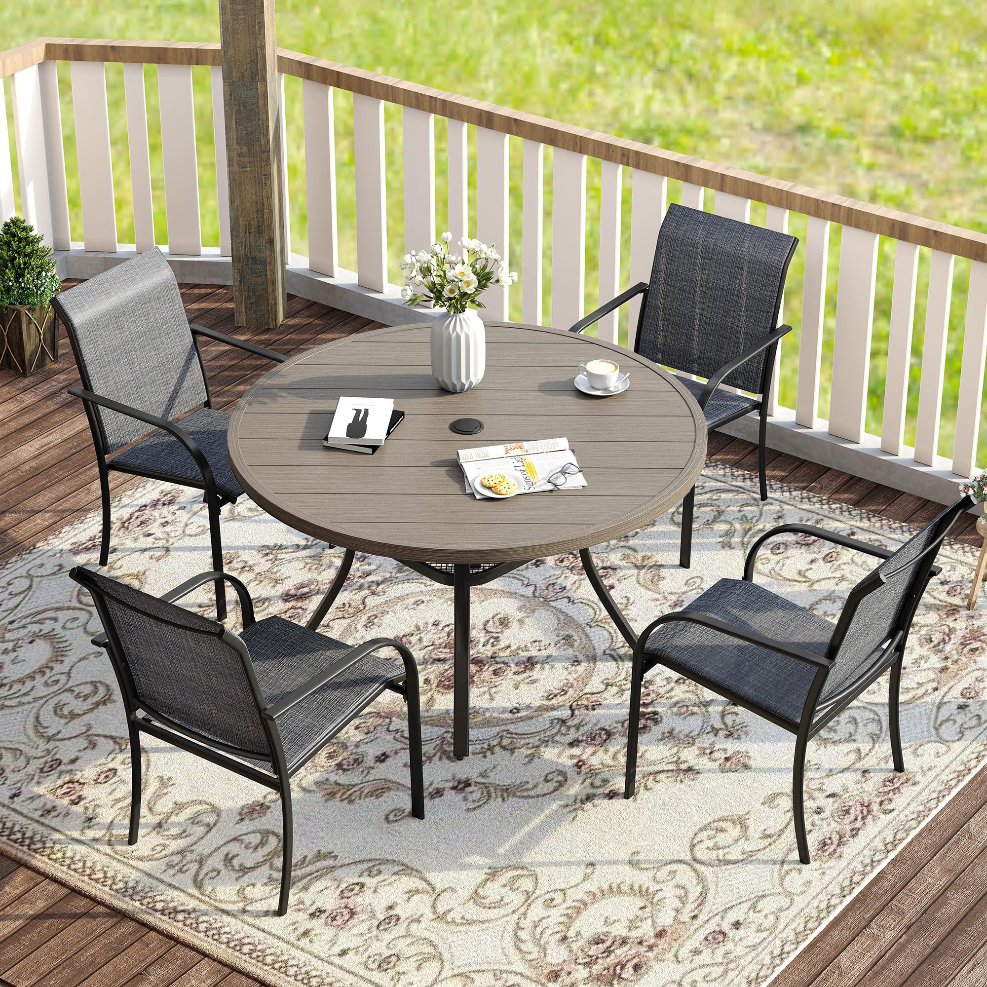 VICLLAX 5 Pieces Patio Dining Set for 4, Outdoor Furniture Set Includes 40.7" Round Patio Table and 4 Patio Stackable Chairs, Grey Wood Grain Tabletop and Grey Fabric