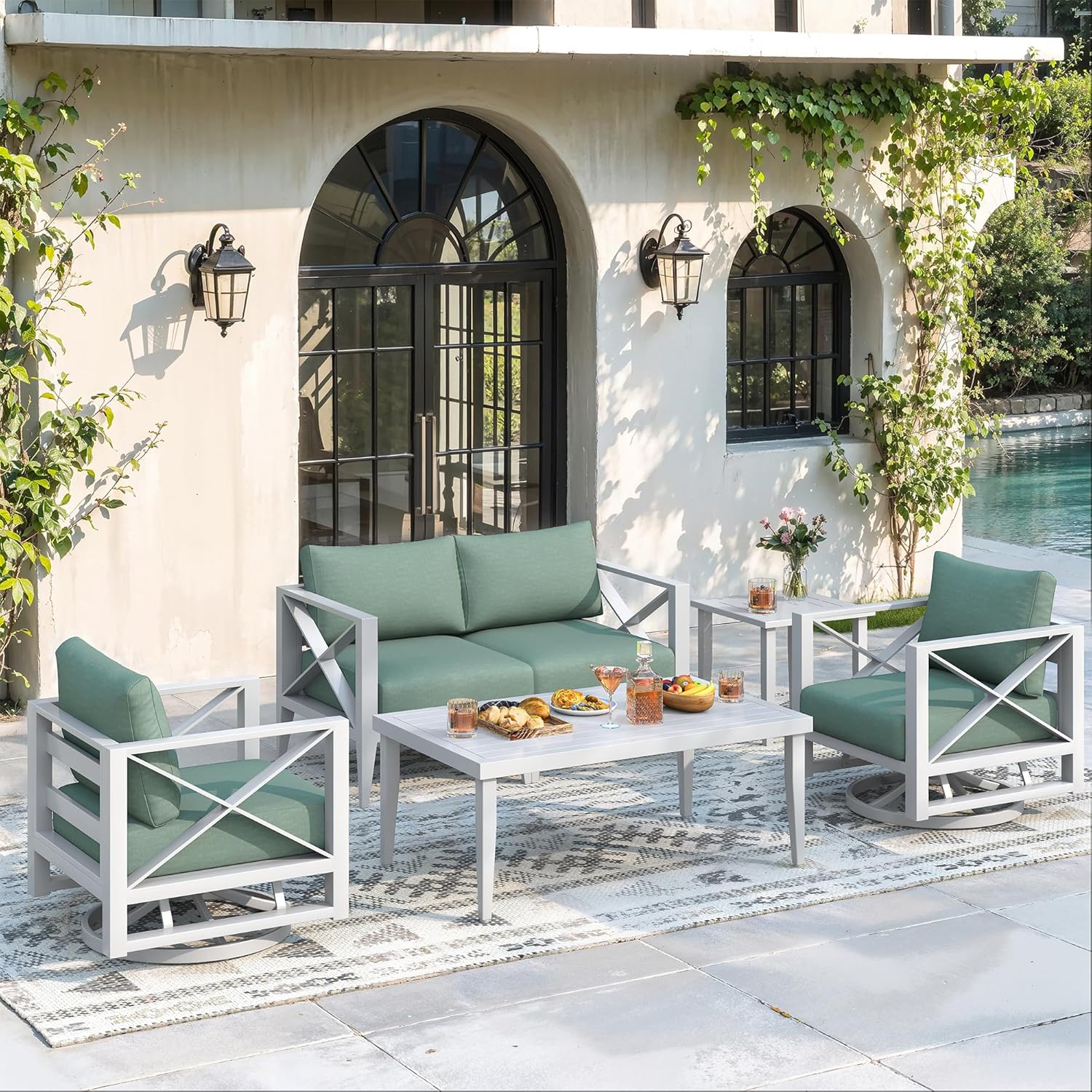 Aluminum Outdoor Patio Furniture Set with 5.2" Thick Cushions, 5-Piece Outdoor Sectional with Swivel Chairs & Plus Coffee Table, Patio Conversation Sets for Backyard,(White,4 Seats)