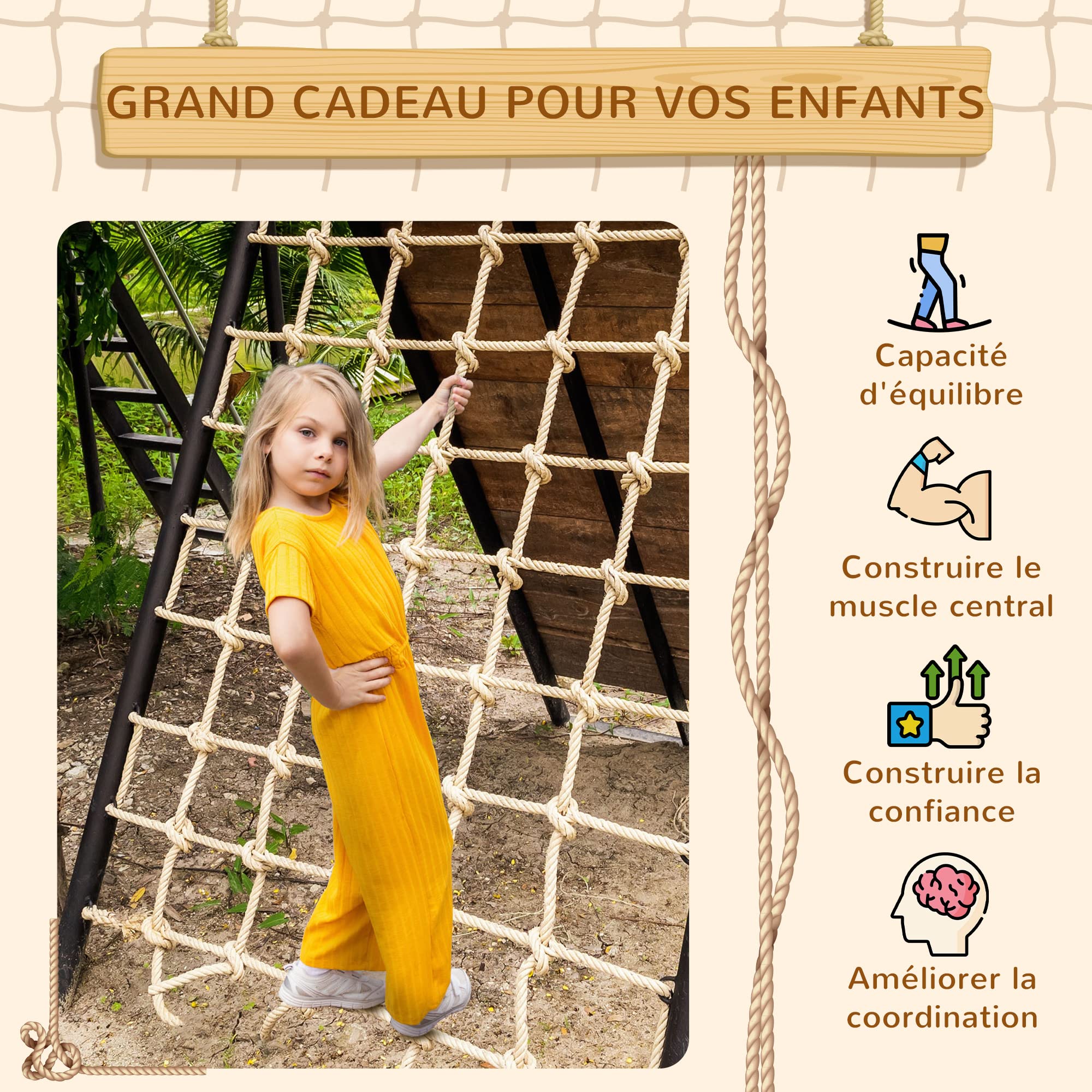 Outsunny Filet d'escalade Enfants 3-6 Ans Plein Air Ninja 1,5x2 m Marron | Filet Décoratif de Corde en PE, Aire de Jeux, Terrain d'Obstacle
