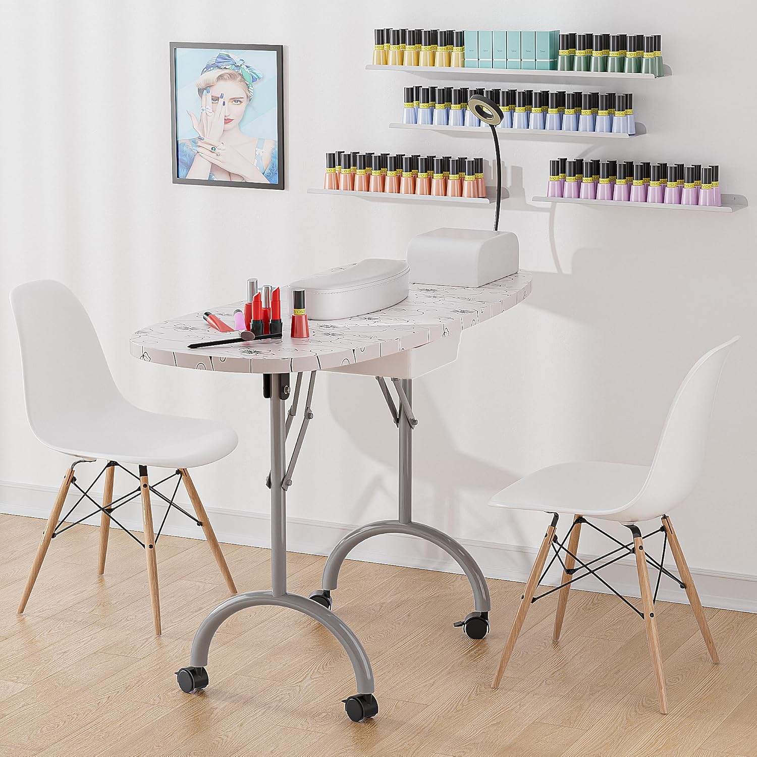 Whalefall Portable Manicure Nail Table, Foldable Manicure Table with Drawer, LED Lamp, 4 Lockable Wheels and Carry Bag, Professional Nail Desk with Wrist Cushion (White, 30" H)