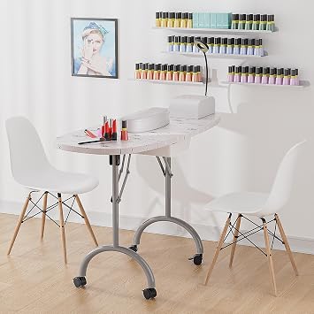 Whalefall Portable Manicure Nail Table, Foldable Manicure Table with Drawer, LED Lamp, 4 Lockable Wheels and Carry Bag, Professional Nail Desk with Wrist Cushion (White, 30 H)