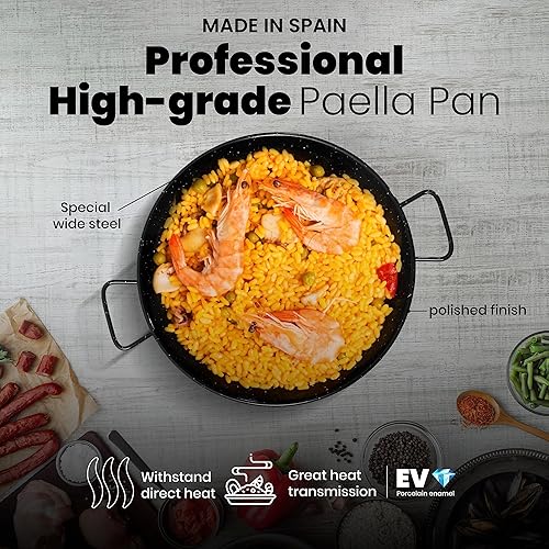 Miniatura 8 de Machika Paella antiadherente de acero esmaltado, 17 pulgadas, compatible con inducción, 5 porciones, ideal para restaurantes, catering, eventos