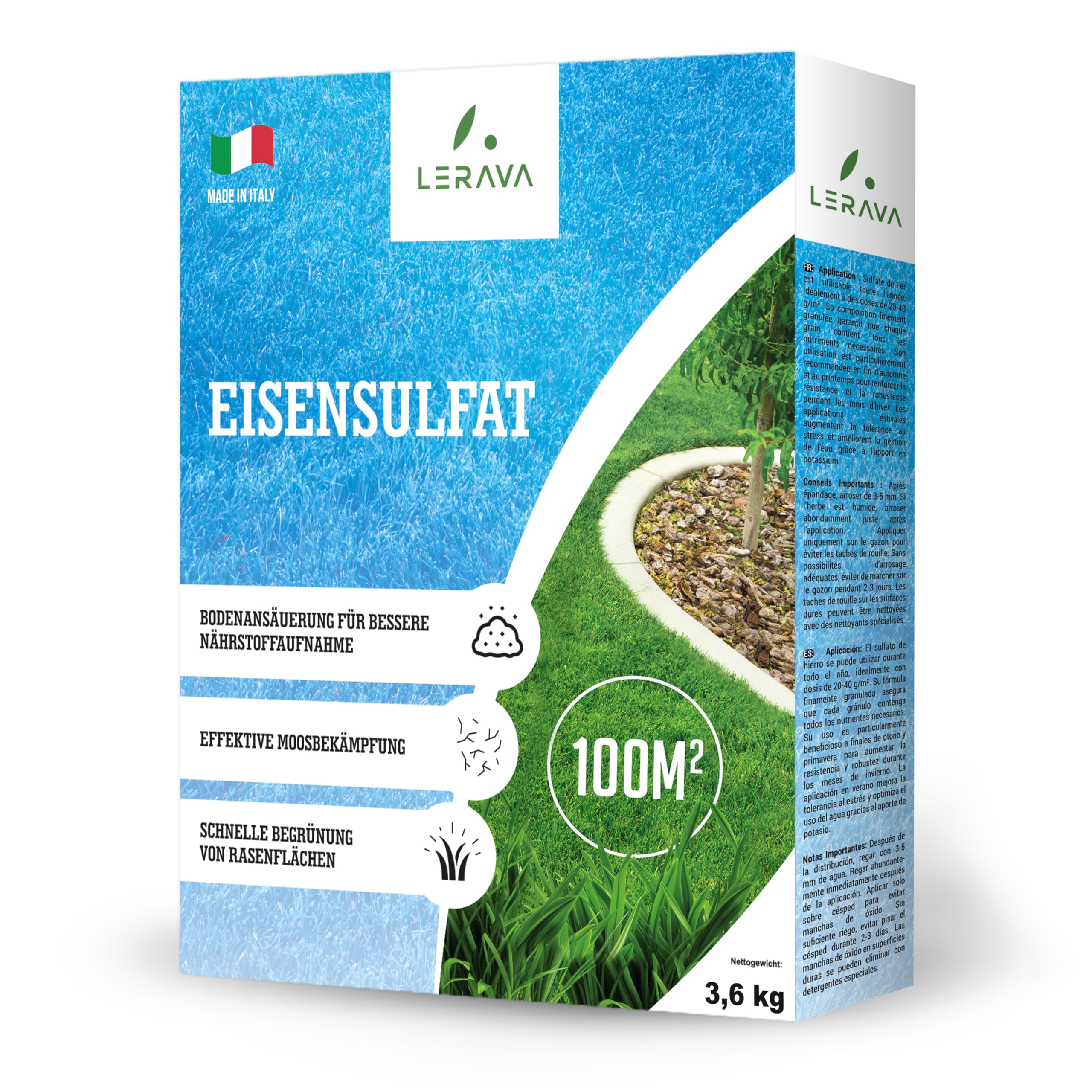LERAVA Eisensulfat (100 m²) - Hochwirksamer Eisendünger für Rasen - Moosvernichter und Bodenverbesserer mit Eisen, Kalium und Magnesium - Fördert sattes Grün & gesunden Rasen - Für alle Rasentypen