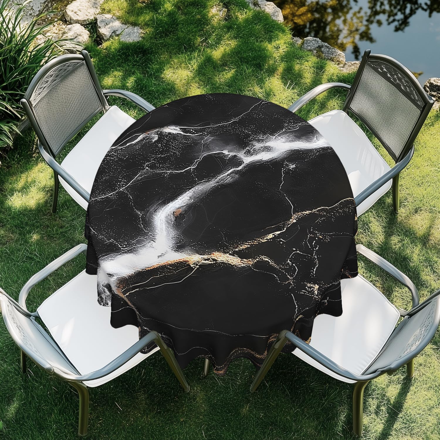 ARTSGOO Black marble Round Tablecloth 60 Inch Durable Wipe-Clean Waterproof Table Cloth for Dining Table, Kitchen, Party, Wedding & Outdoor Use - Black marble