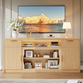 Decofy 70" Fluted TV Stand, Entertainment Center for 80" TVs, Mid Century Modern TV Console Cabinet with Wavy Grain Doors & Adjustable Shelves, Modern Media TV Console Table for Living Room Oak