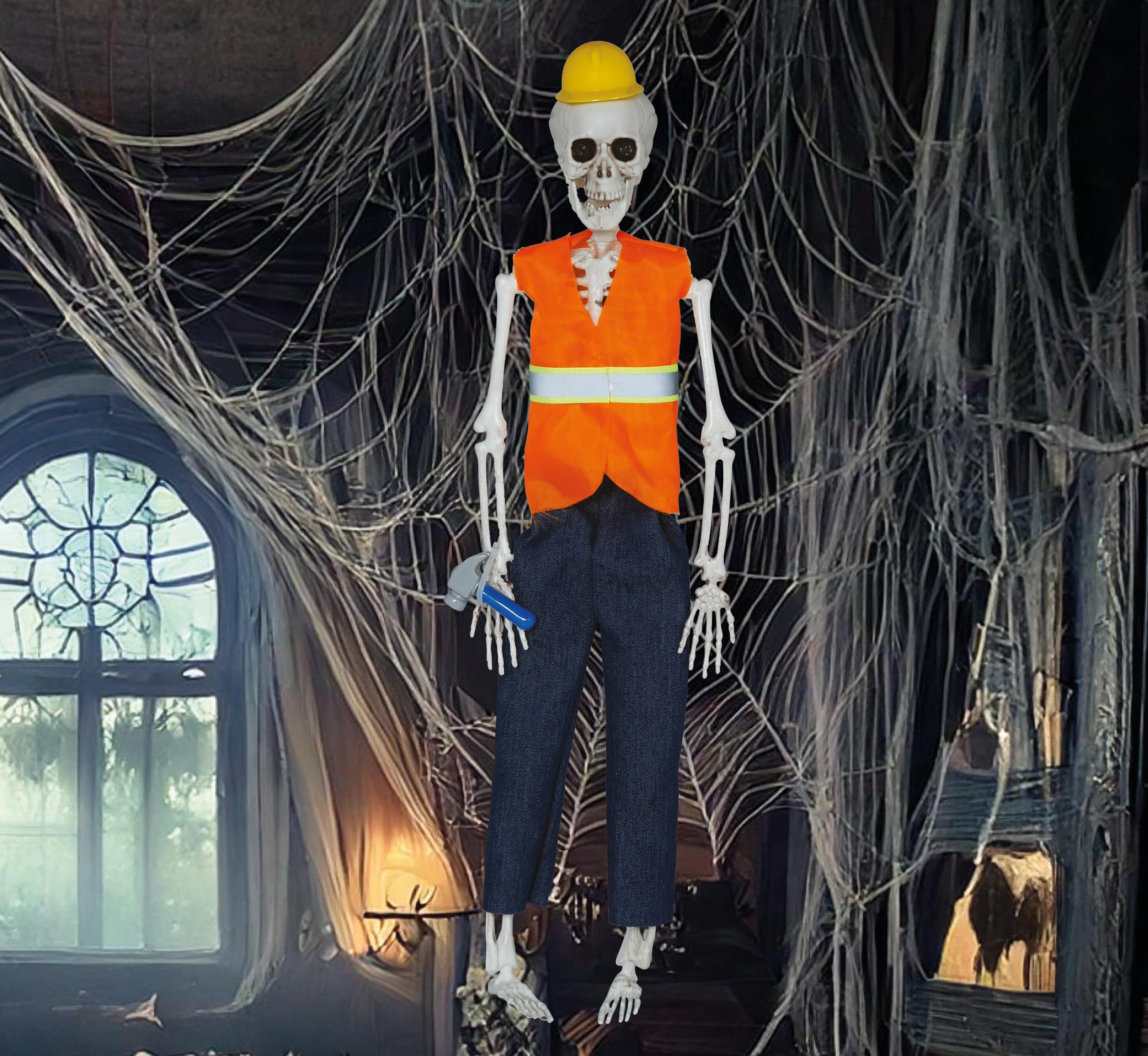 FIESTAS GUIRCA | Hanging Worker Skeleton (15.7 in) - Halloween Decoration for Skeleton and Worker Parties - Ideal for Themed Celebrations and Plumber Events - Orange Blue