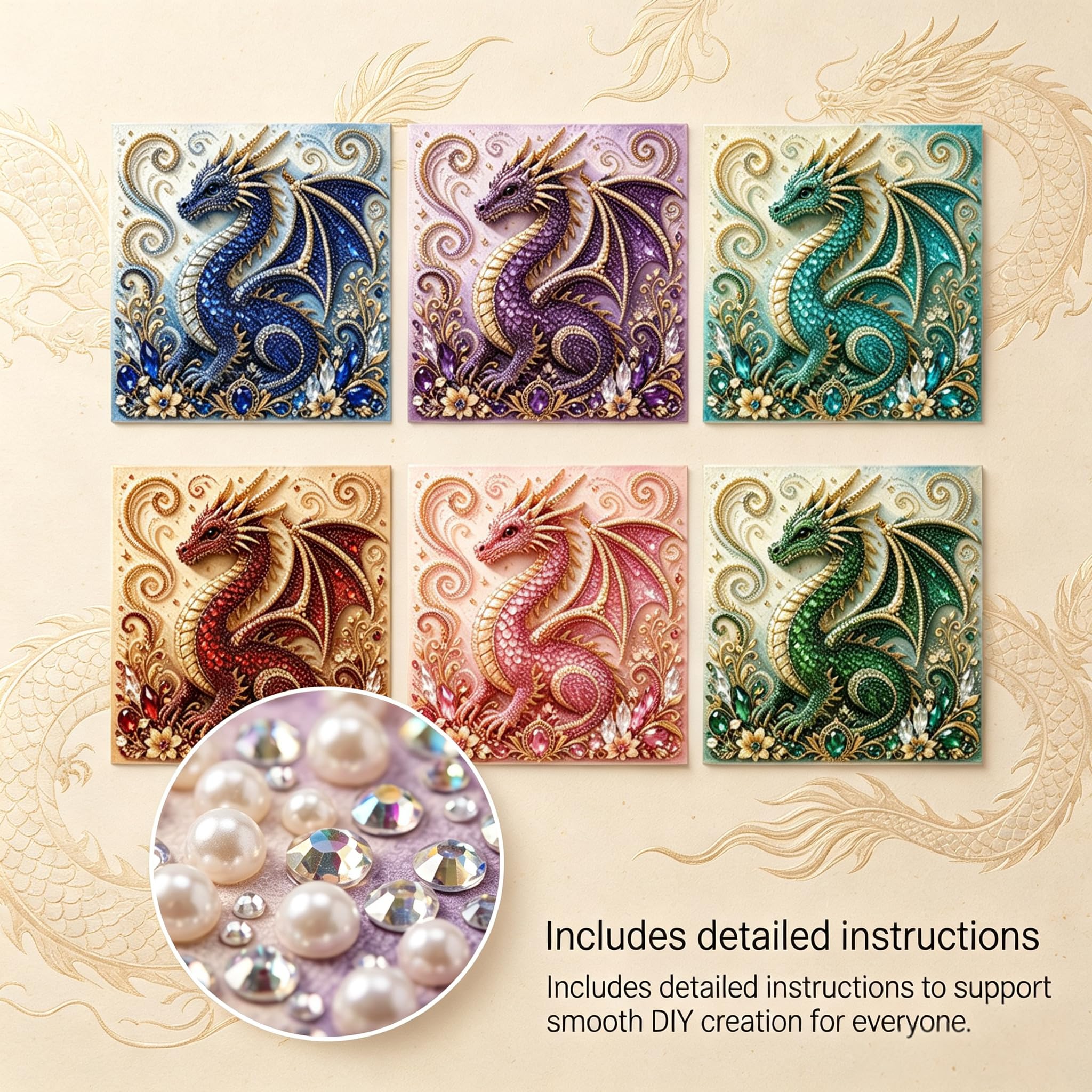 Drachen Diamantmalerei Bausatz 20x20cm, 6 Designs DIY Mosaik (6PCS)