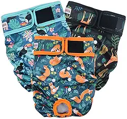 Fuz Bigaza Fraldas Laváveis para Cães (Pacote com 3), Fraldas Reutilizáveis para Cães para Período de Calor Canino, Fraldas Reutilizáveis para Cães Fêmeas (Girafa, Tucano, Raposa, Pequeno)