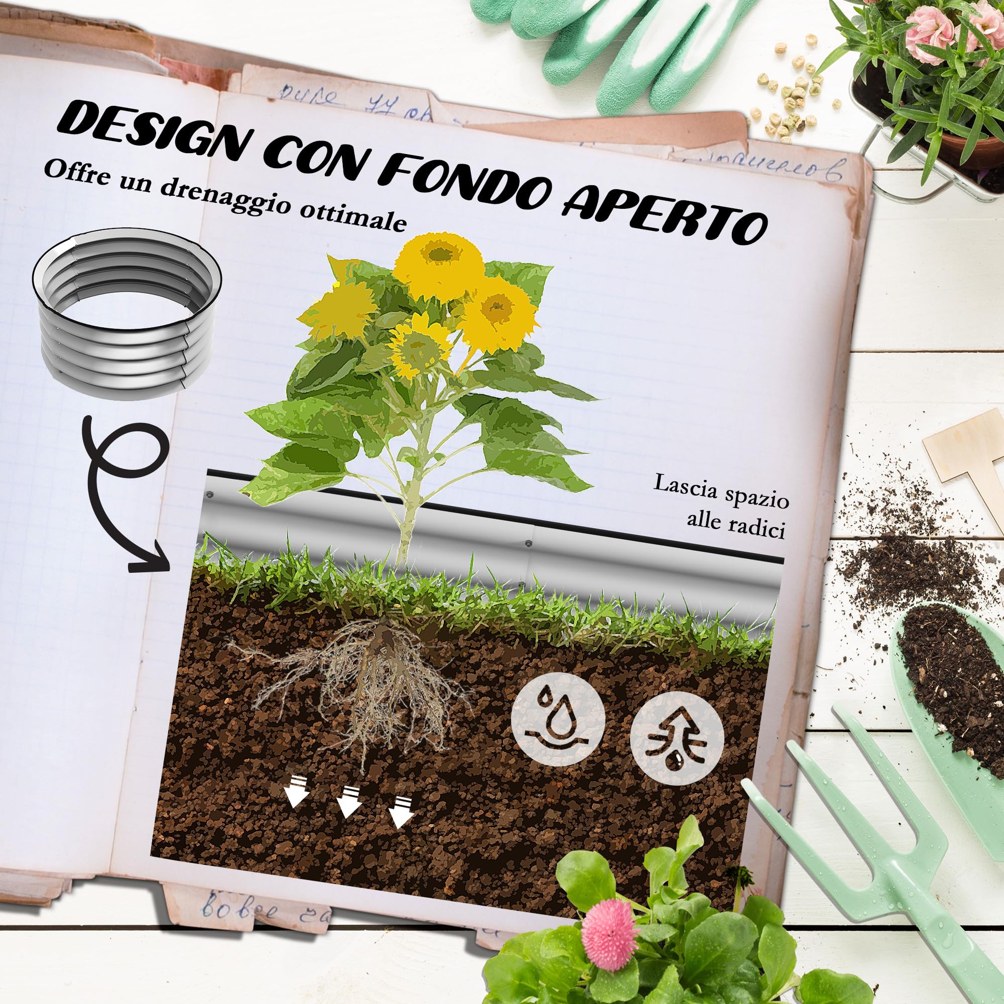 Outsunny Set di 2 Letti per Orto Rialzati, Cassoni per Orto in Acciaio Galvanizzato con Fondo Aperto e Bordi Sicuri, Ø60x30cm, Argento