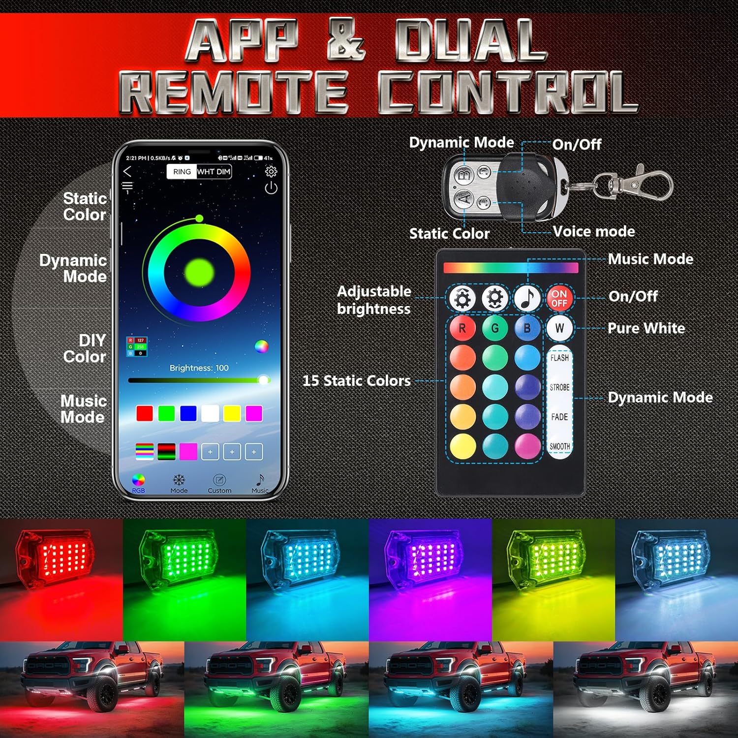 4 Pods Full Angle RGB LED Rock Lights for Jeep Truck ATV UTV RZR Offroad Golf Cart SXS, Waterproof Multicolor Neon Underglow Kit with APP/RF Remote, 12Volt Underbody Lights