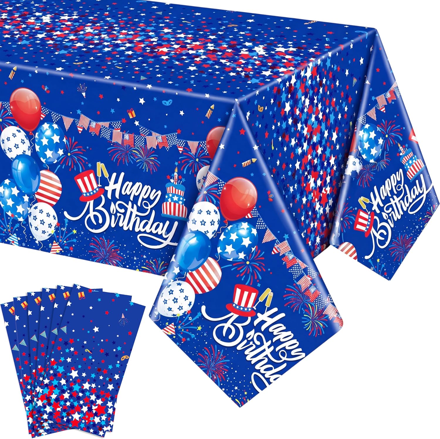 Buryeah 6 Pcs Red White and Blue Happy Birthday Tablecloth 54 x 108 Inch Patriotic Plastic Birthday Decorations American Flag Table Covers for 4th July Independence Day Party Supplies