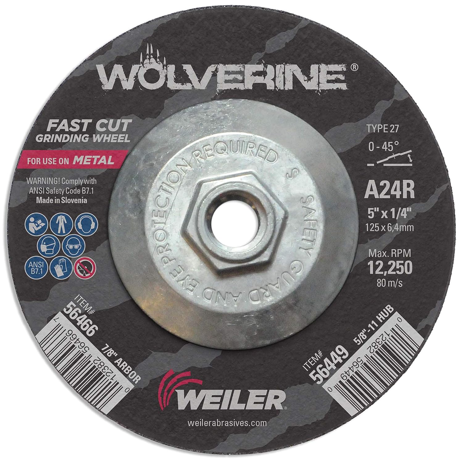 Weiler 56449 5" X 1/4" Wolverine Type 27 Grinding Wheel, A24R, 5/8"-11 Nut (Pack of 10)