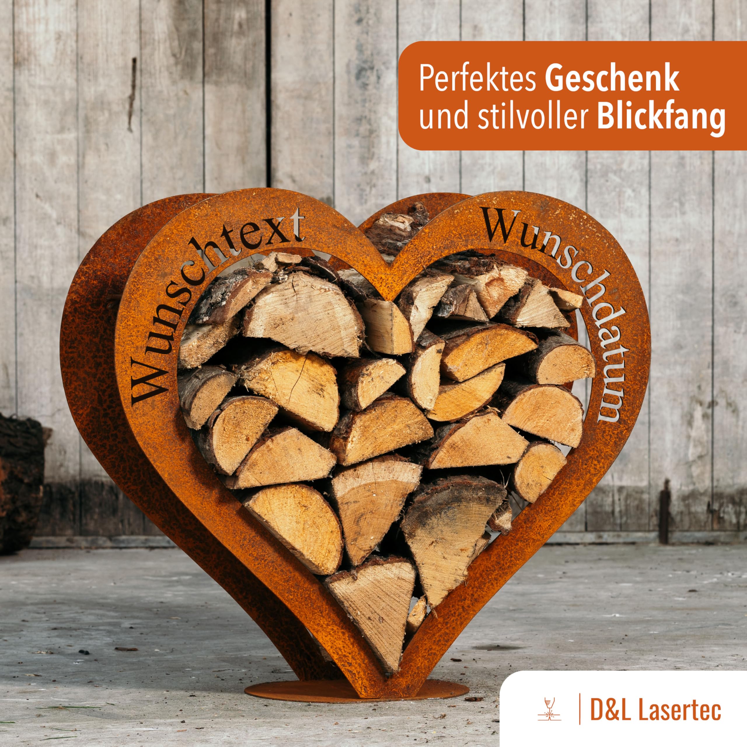 D&L Lasertec, Edelrost Kaminholzregal, personalisierbar, Holzregal, personalisiert Geschenkidee