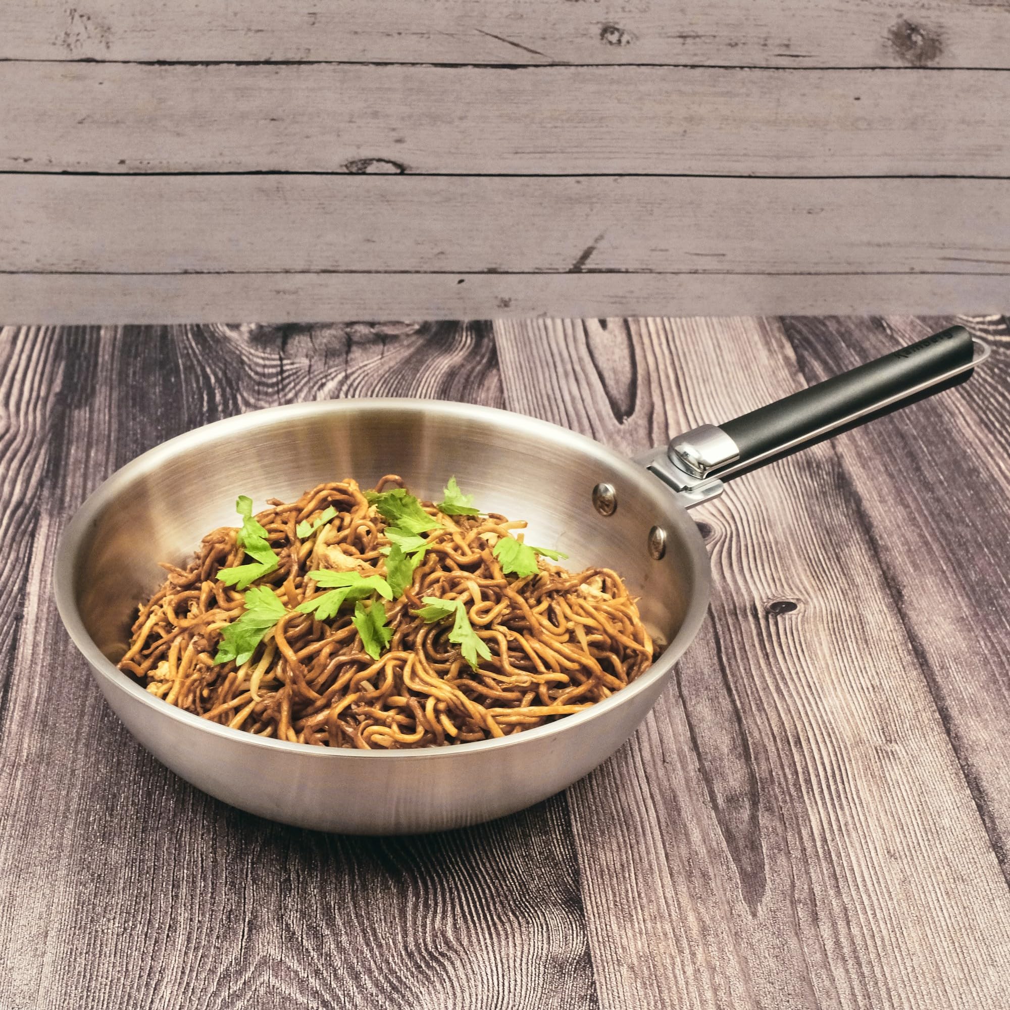 Kamberg - Wok inox 24 cm manche amovible - Acier inoxydable 18/10 Triply - Tous feux dont induction et four, Gris