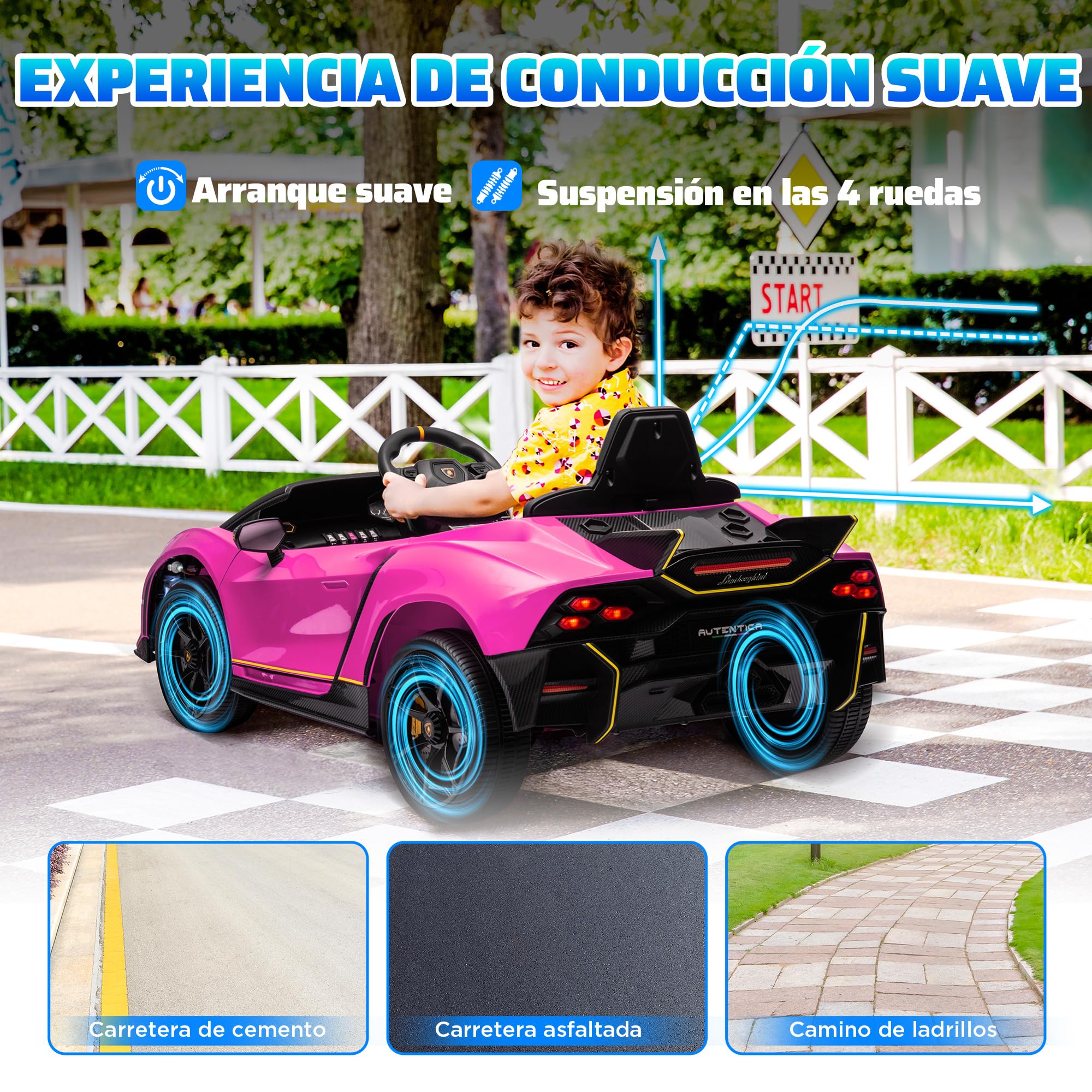 AIYAPLAY Coche Eléctrico para Niños de +3 Años Lamborghini Autentica 2 Motores Potentes Coche Eléctrico con Batería 12V Velocidad 3-5 km/h Mando a Distancia 2,4G Faros Bocina Arranque Suave y MP3 Rosa