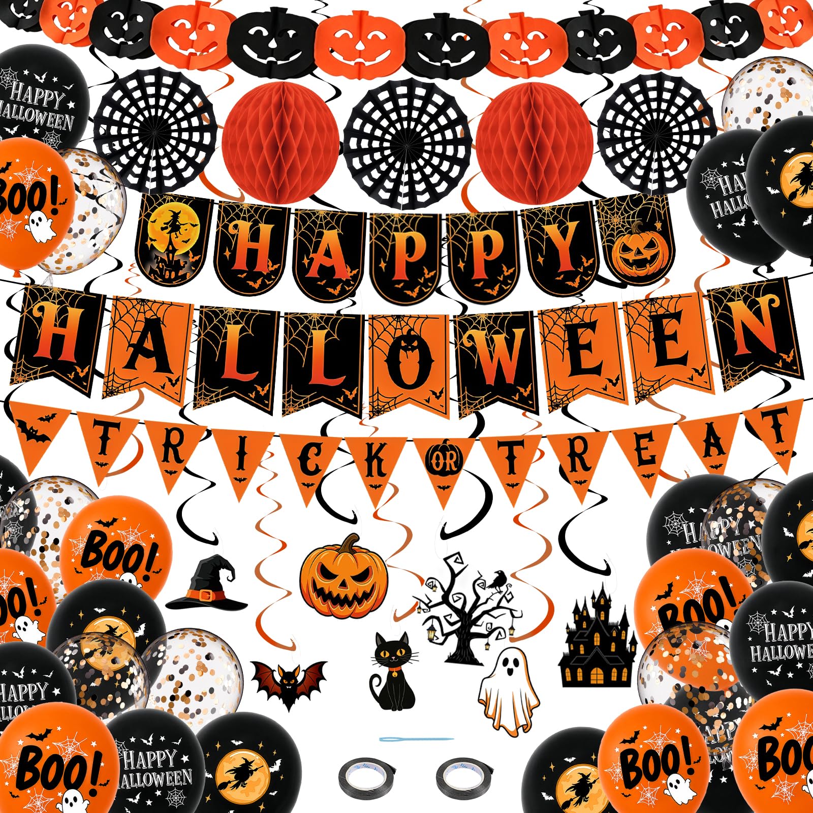 Halloween Decorations Set with Happy Halloween Banner, Trick or Treat Garland, Pumpkin Honeycomb Garland, Paper Fans, Swirl Streamers & 20 Balloons for Halloween Party Decorations Indoor