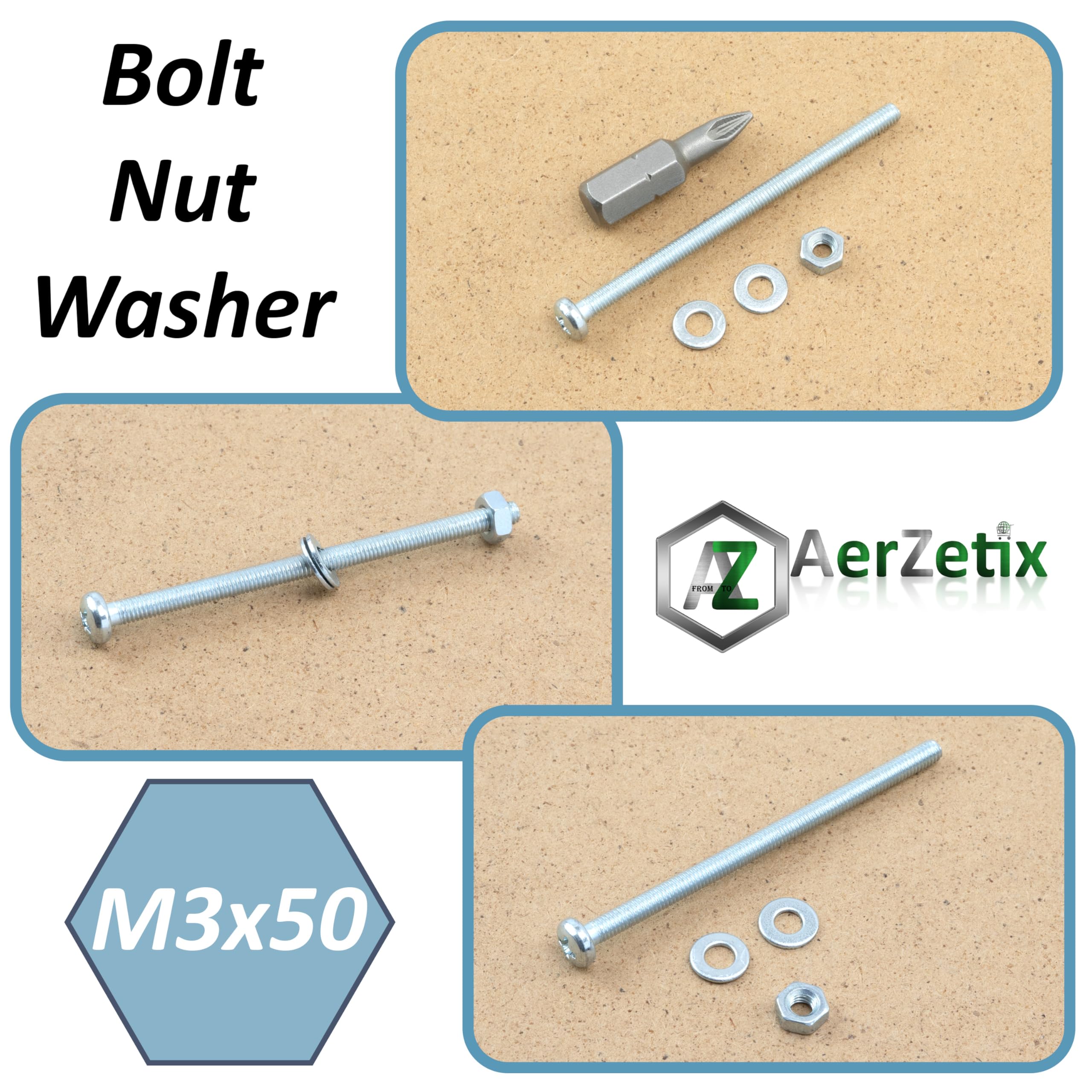 AERZETIX Kit fissaggio M3x50 mm / 50 viti metalliche / 50 dadi esagonali / 100 rondelle piatte / 1 utensile 1/4 PZ1