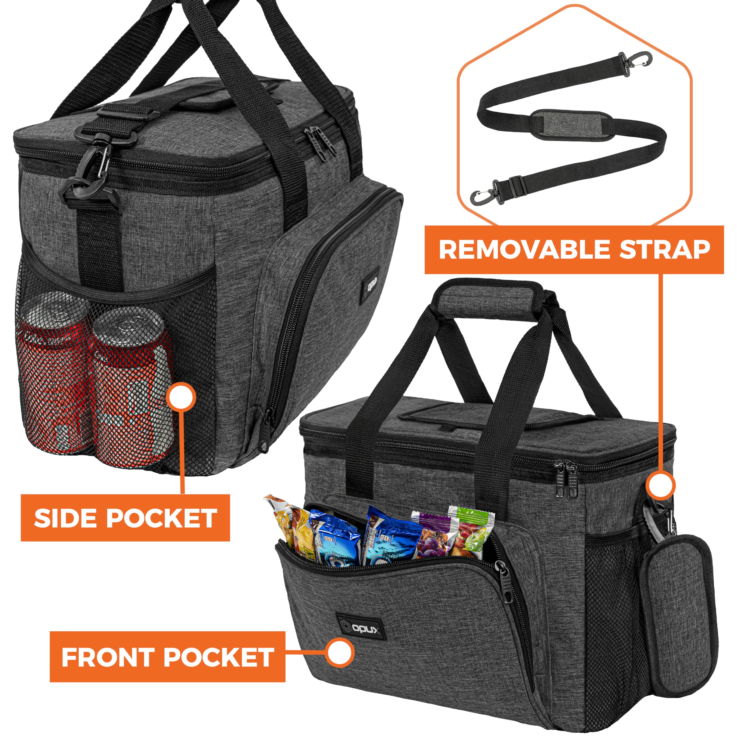 OPUX Bolsa térmica suave, bolsa de almuerzo plegable aislada para hombres, trabajo, camping, playa, viajes, portátil, suave, a prueba de fugas, impermeable, bolsa de almuerzo grande con correa para el